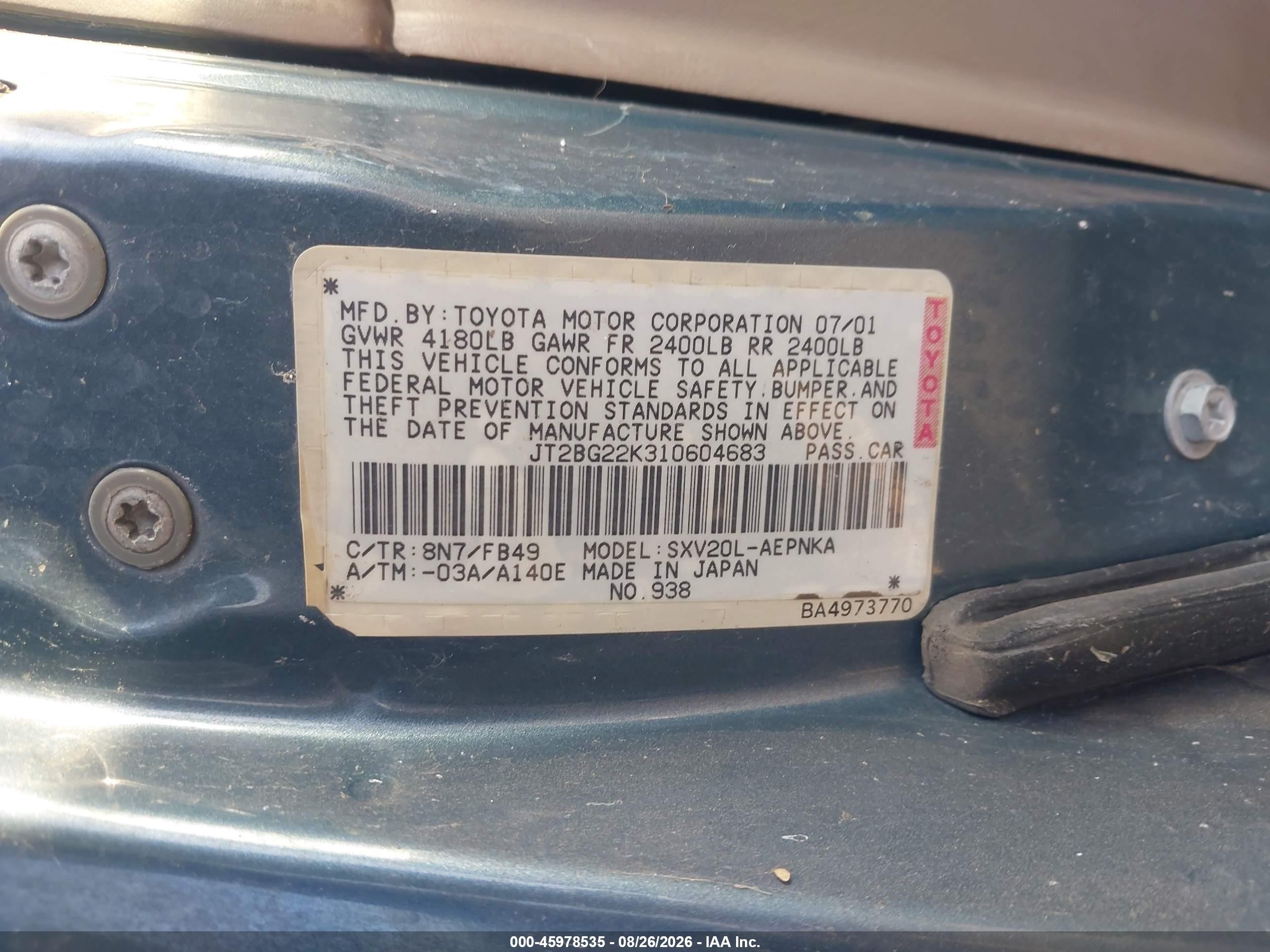 2001 Toyota Camry Le Blue vin: JT2BG22K310604683