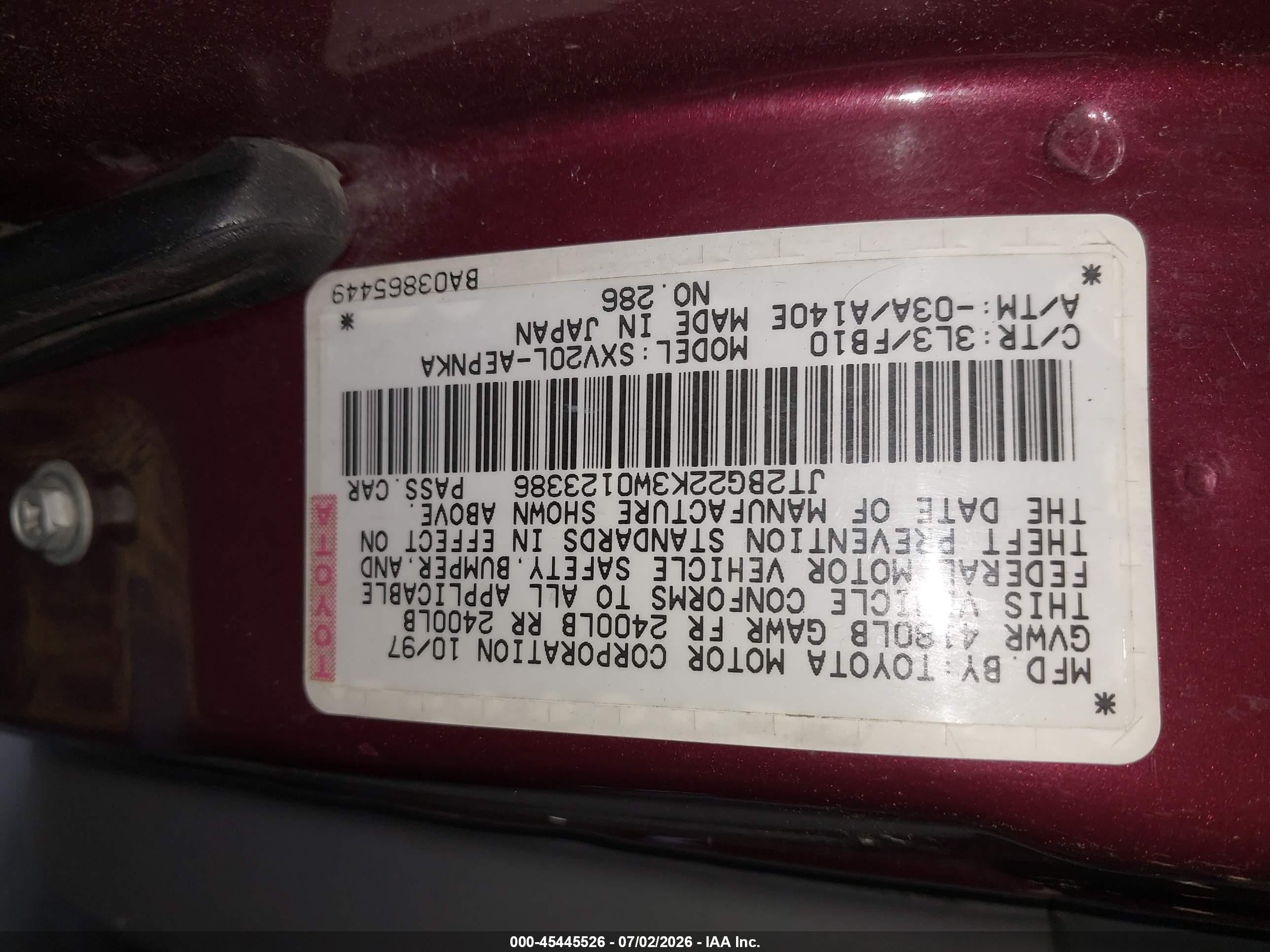 1998 Toyota Camry Le Red vin: JT2BG22K3W0123386