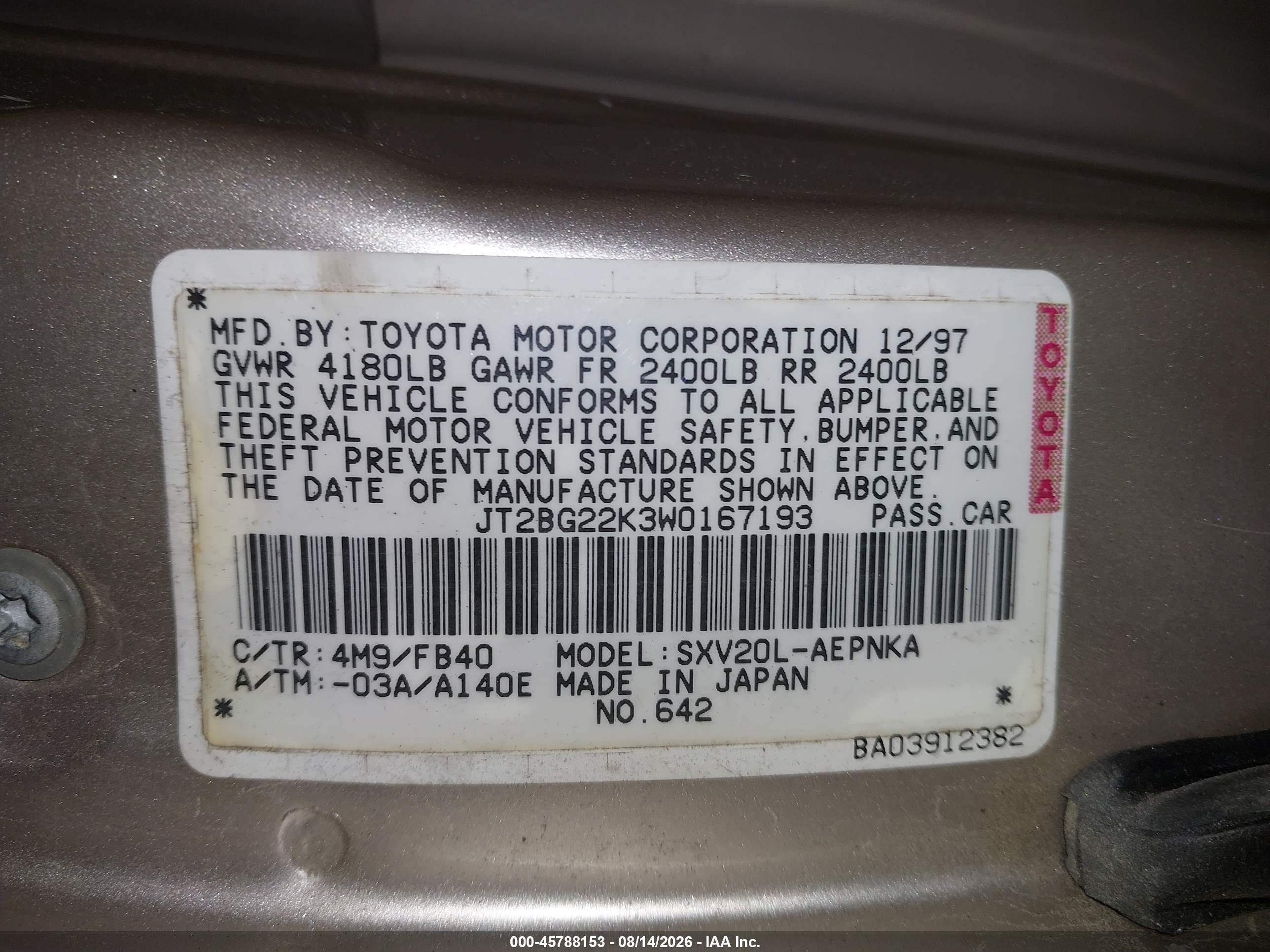 1998 Toyota Camry Le Золотой vin: JT2BG22K3W0167193