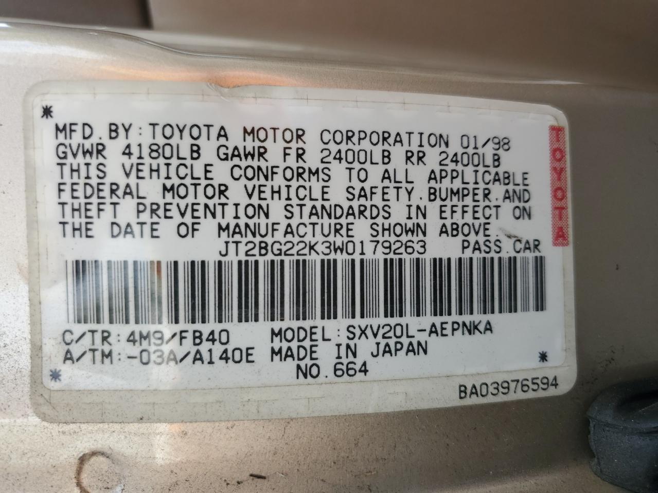1998 Toyota Camry Ce Золотой vin: JT2BG22K3W0179263