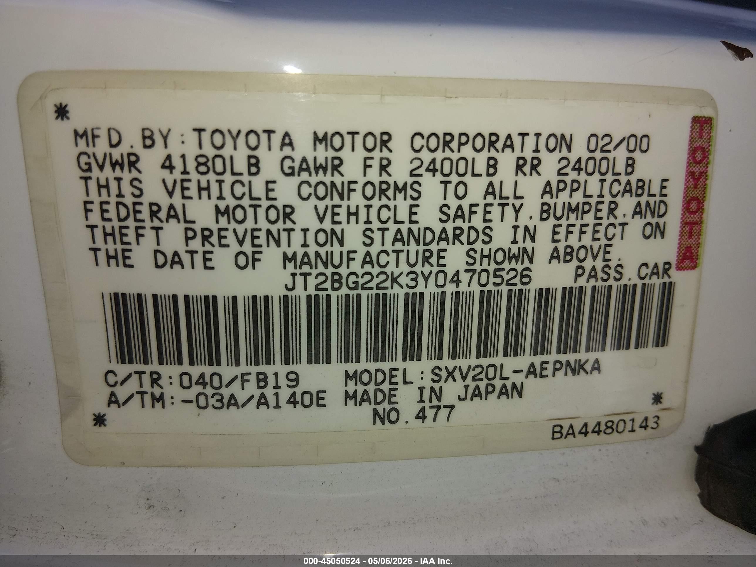 2000 Toyota Camry Le White vin: JT2BG22K3Y0470526