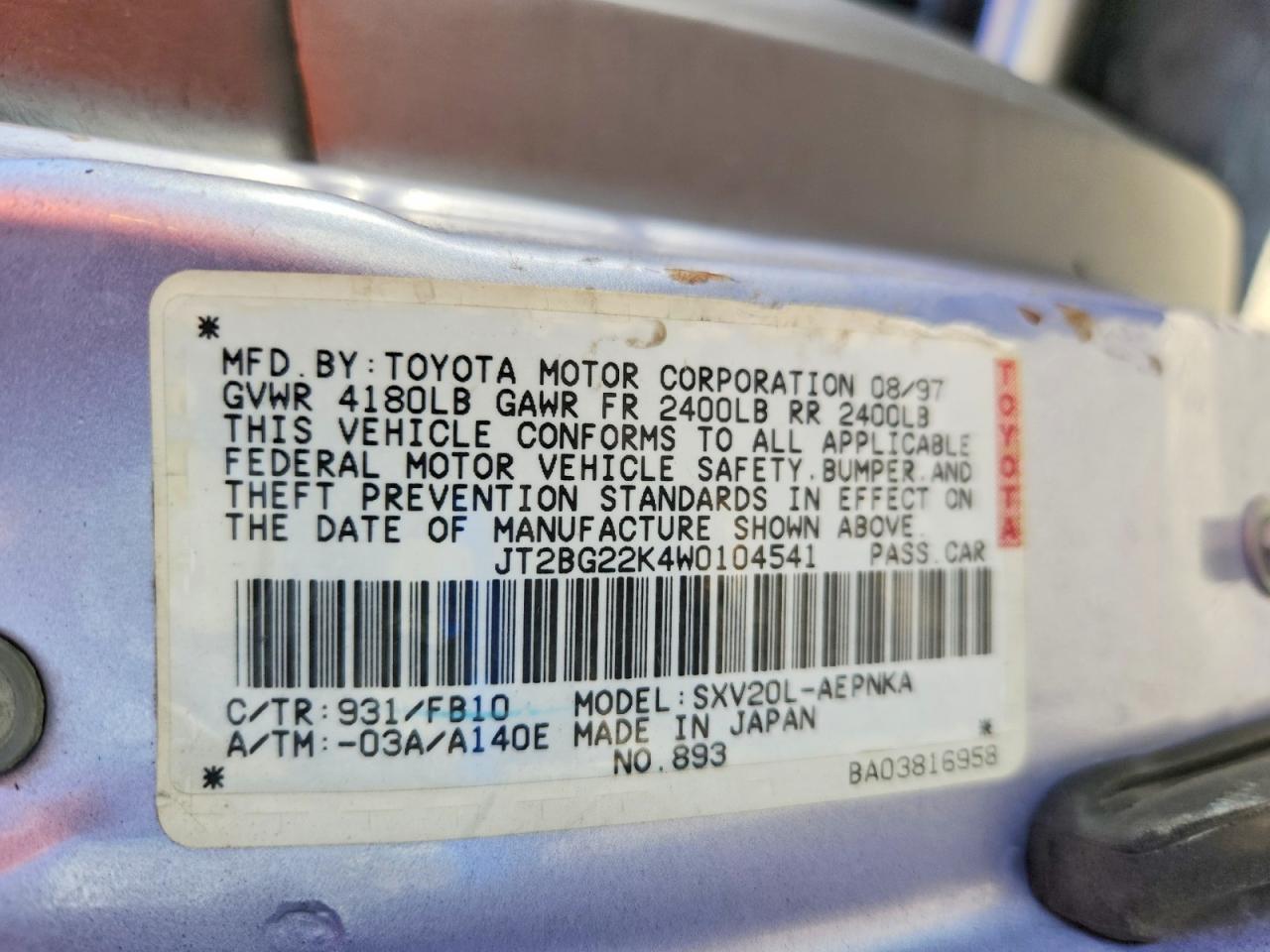 1998 Toyota Camry Le Серебряный vin: JT2BG22K4W0104541