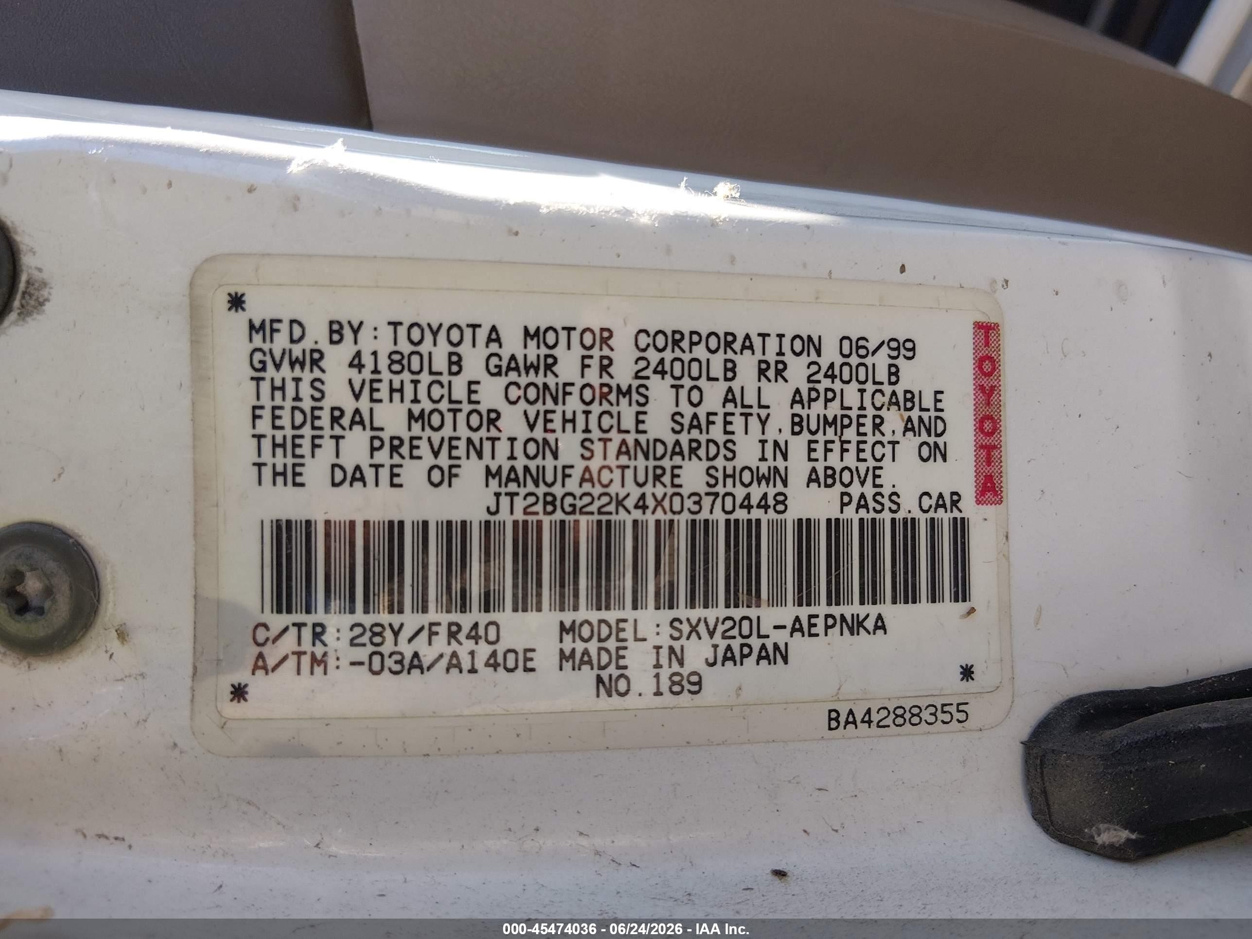 1999 Toyota Camry Le Белый vin: JT2BG22K4X0370448