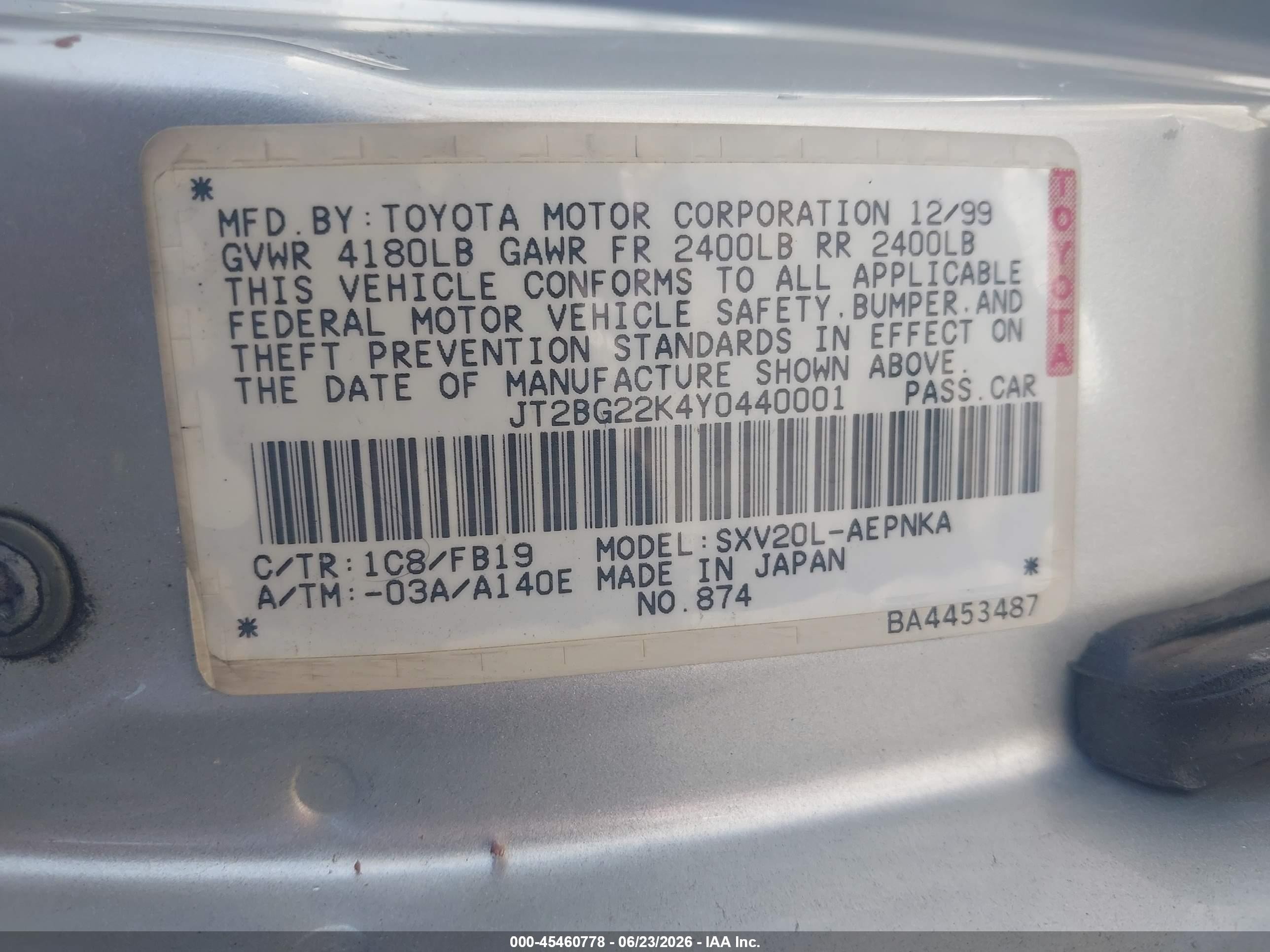 2000 Toyota Camry Le Серебряный vin: JT2BG22K4Y0440001
