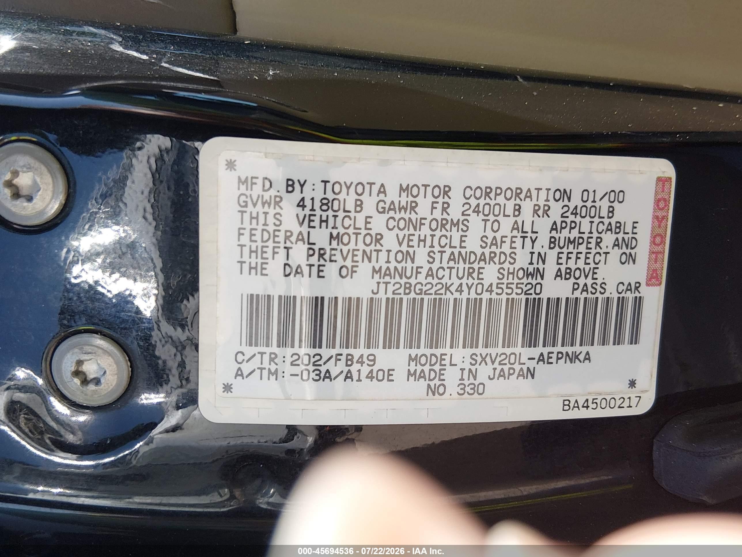 2000 Toyota Camry Le Black vin: JT2BG22K4Y0455520