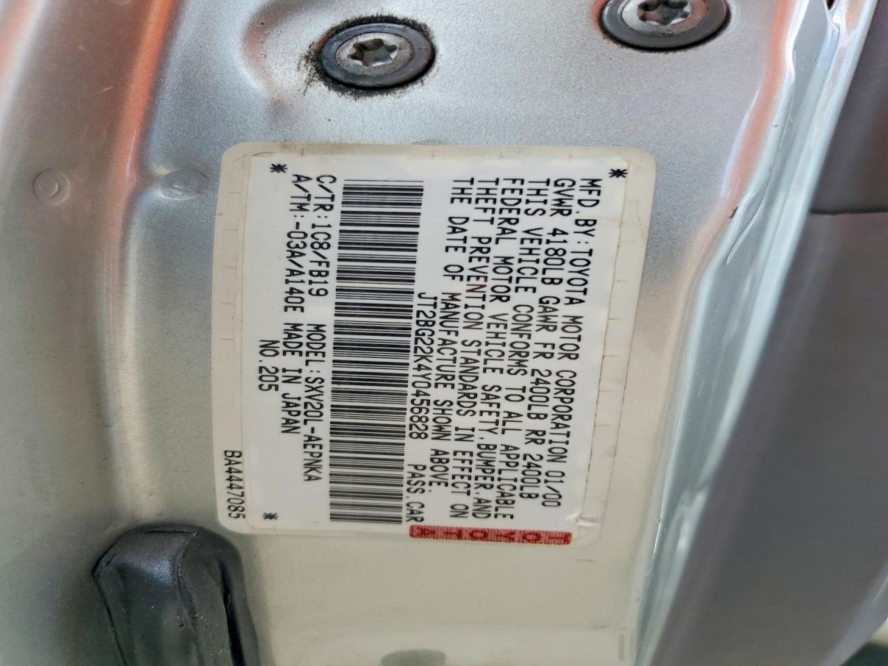 2000 Toyota Camry Le Silver vin: JT2BG22K4Y0456828