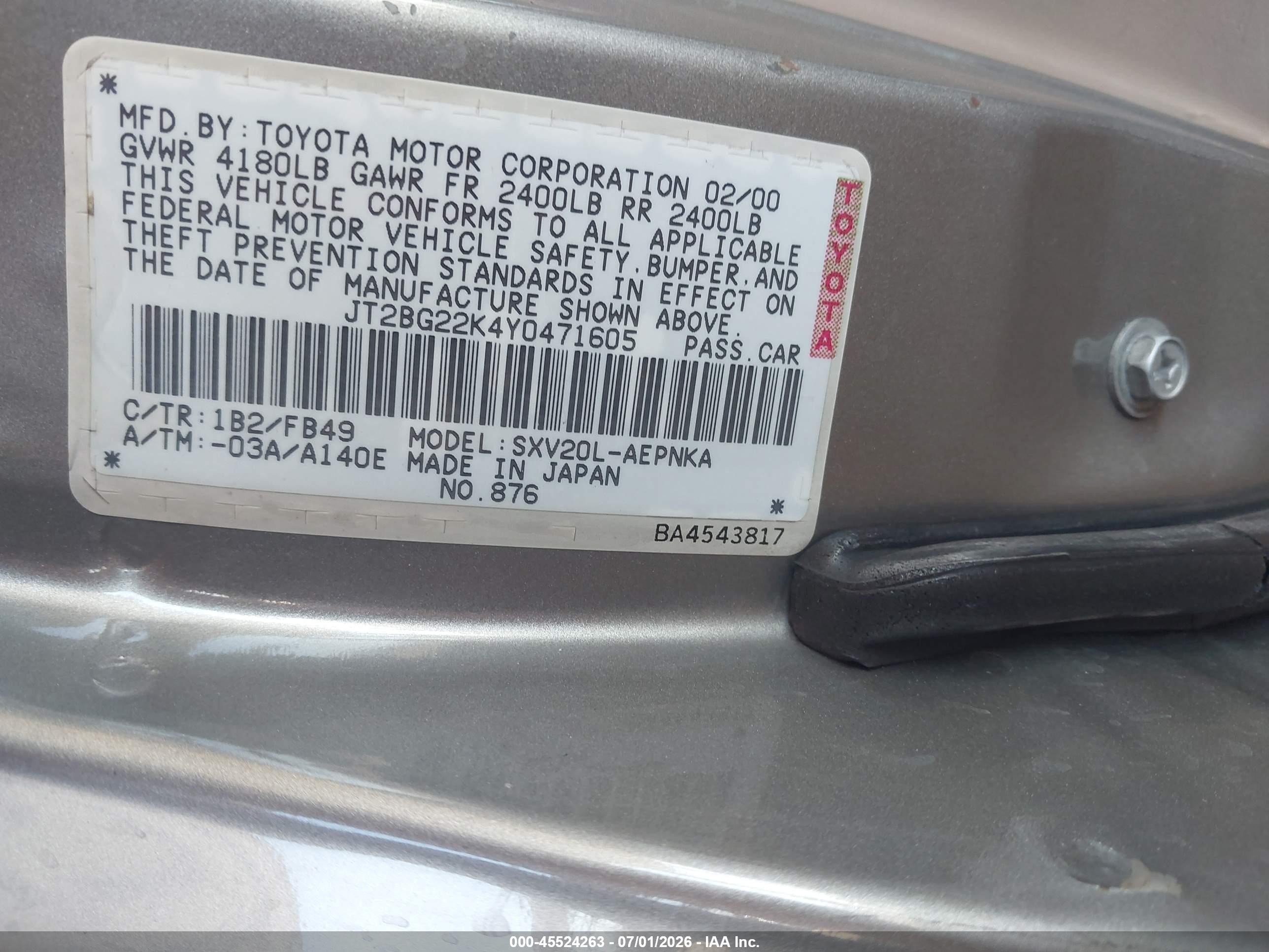 2000 Toyota Camry Le Gray vin: JT2BG22K4Y0471605