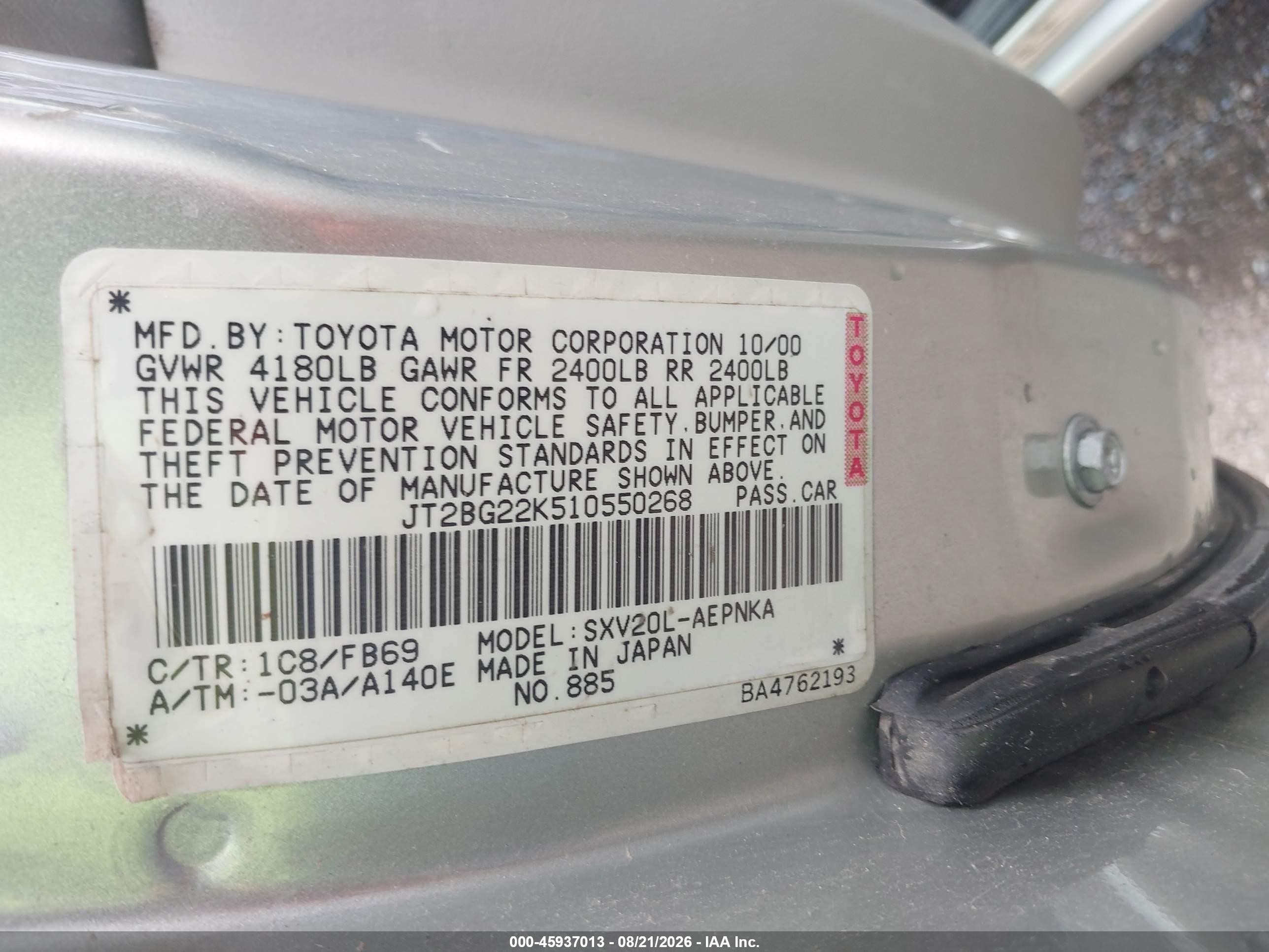 2001 Toyota Camry Le Серебряный vin: JT2BG22K510550268