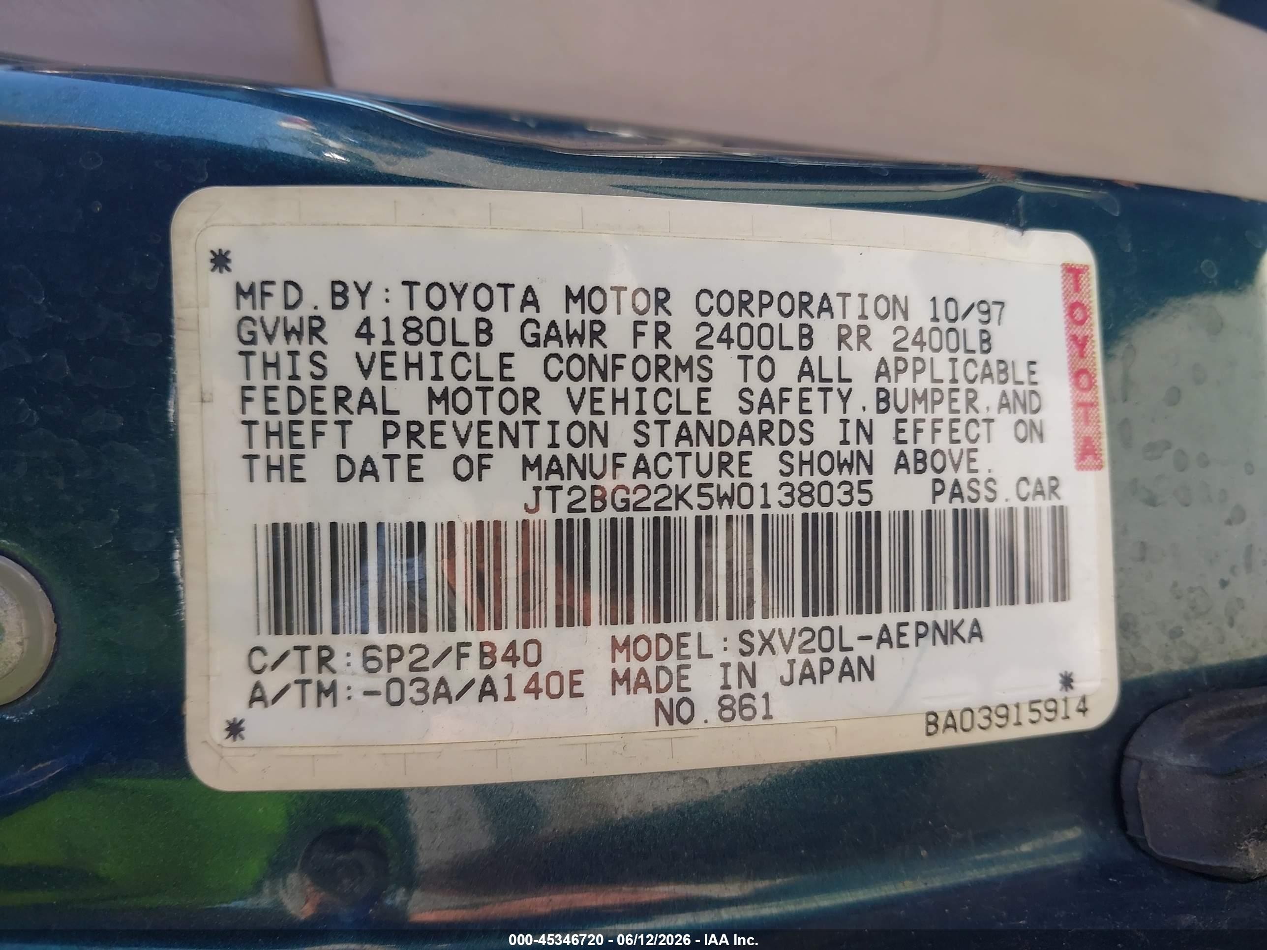 1998 Toyota Camry Le Green vin: JT2BG22K5W0138035