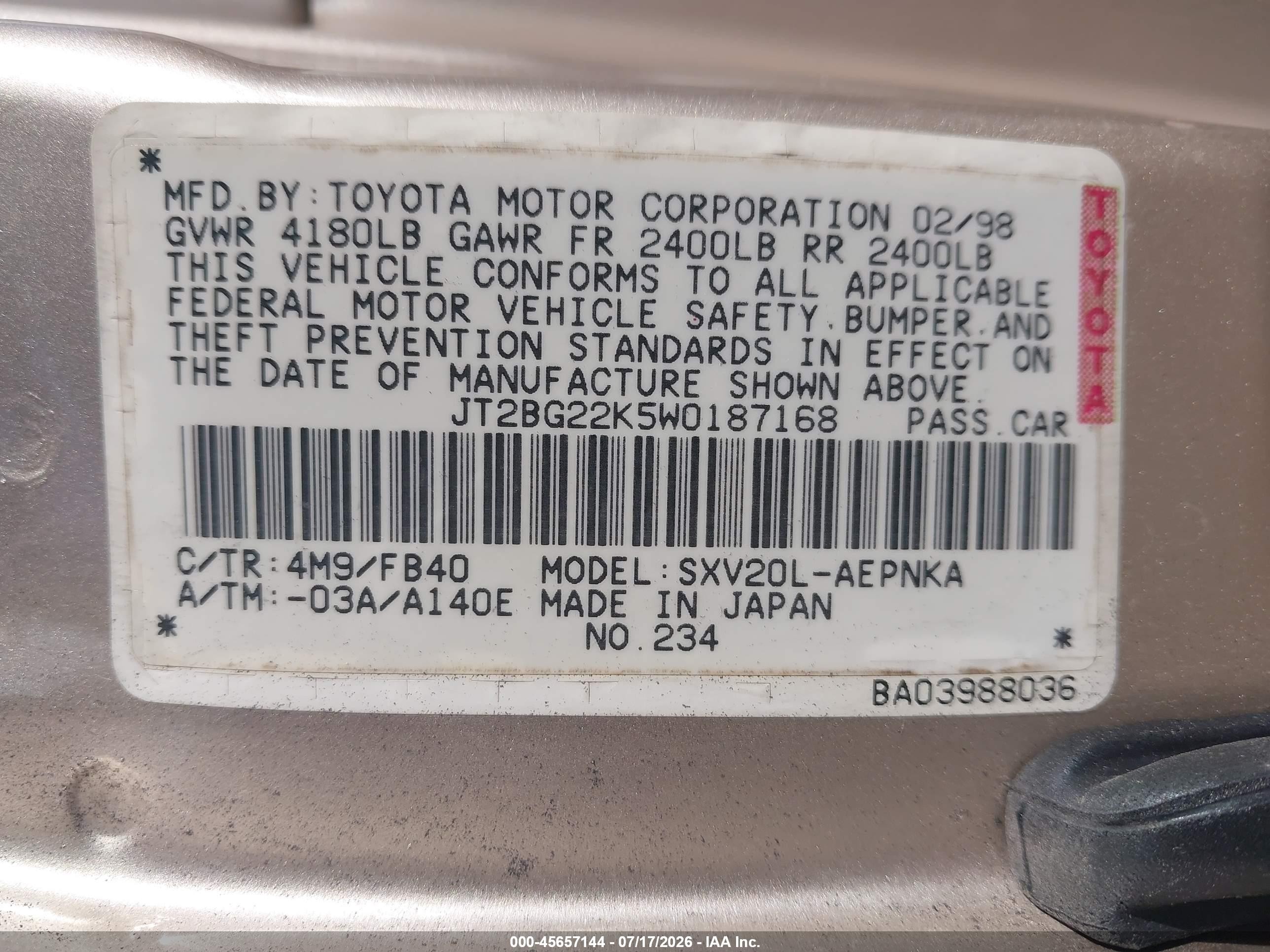 1998 Toyota Camry Le Gold vin: JT2BG22K5W0187168