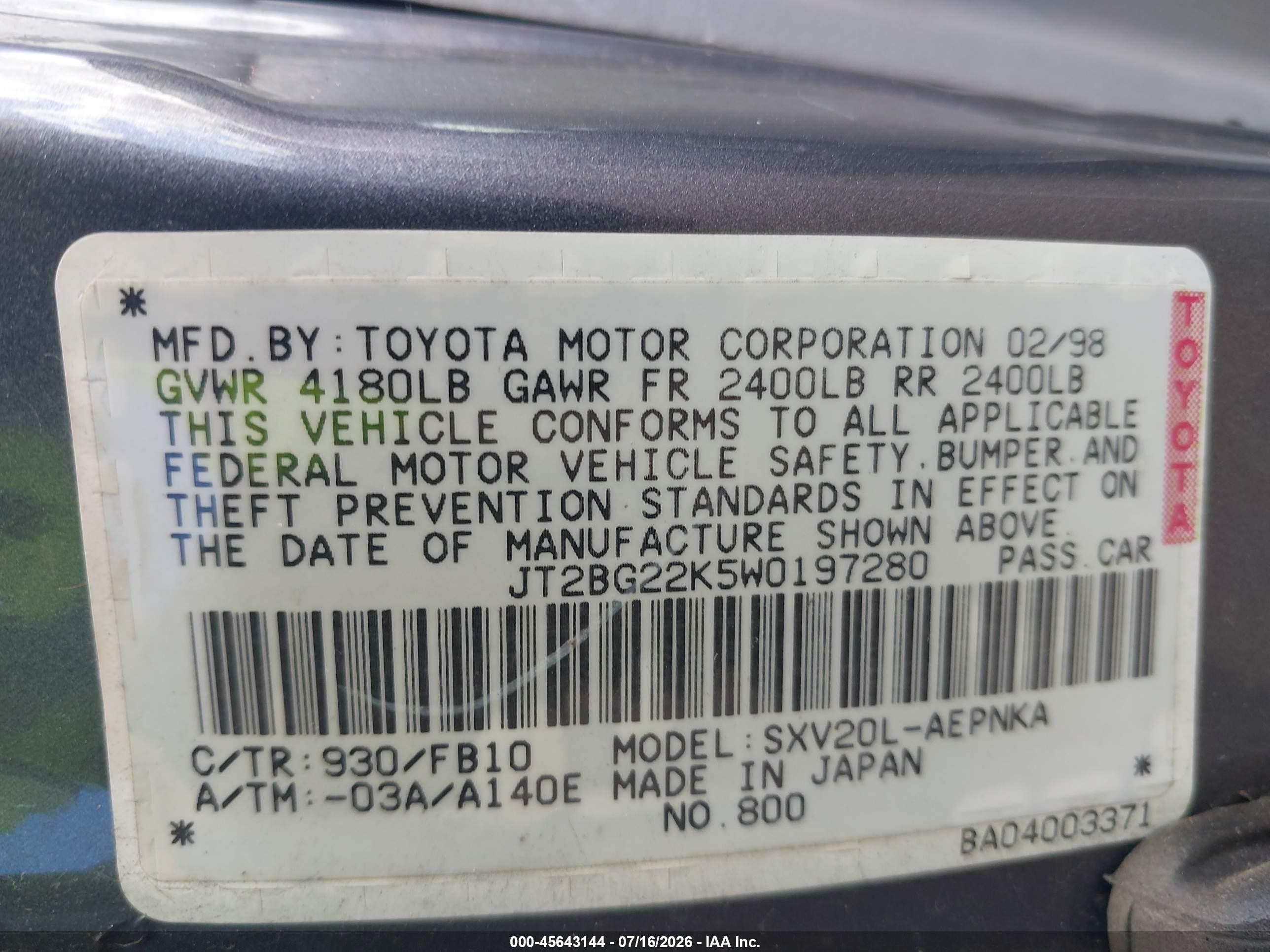 1998 Toyota Camry Ce/le/xle Purple vin: JT2BG22K5W0197280