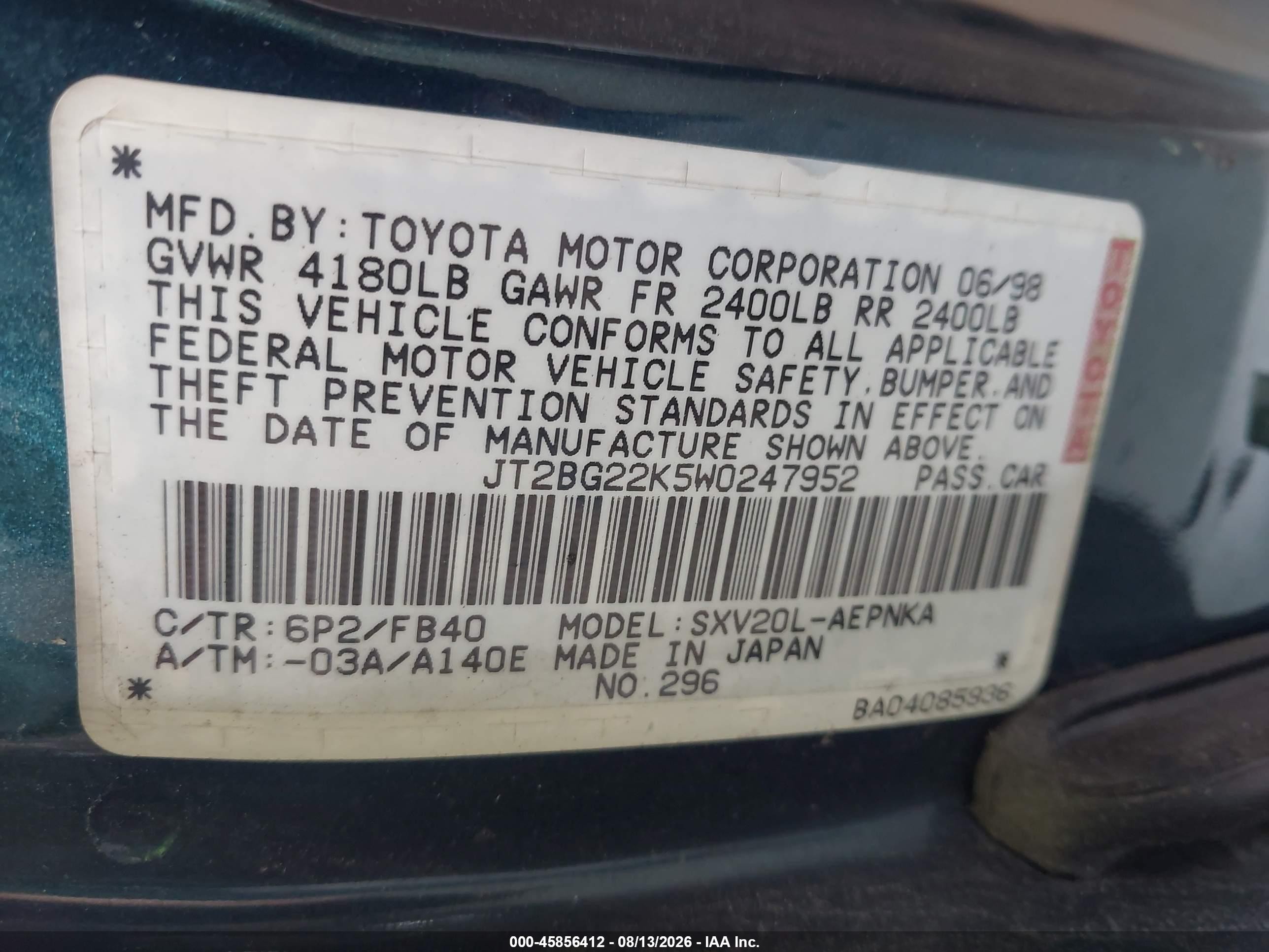 1998 Toyota Camry Le Green vin: JT2BG22K5W0247952