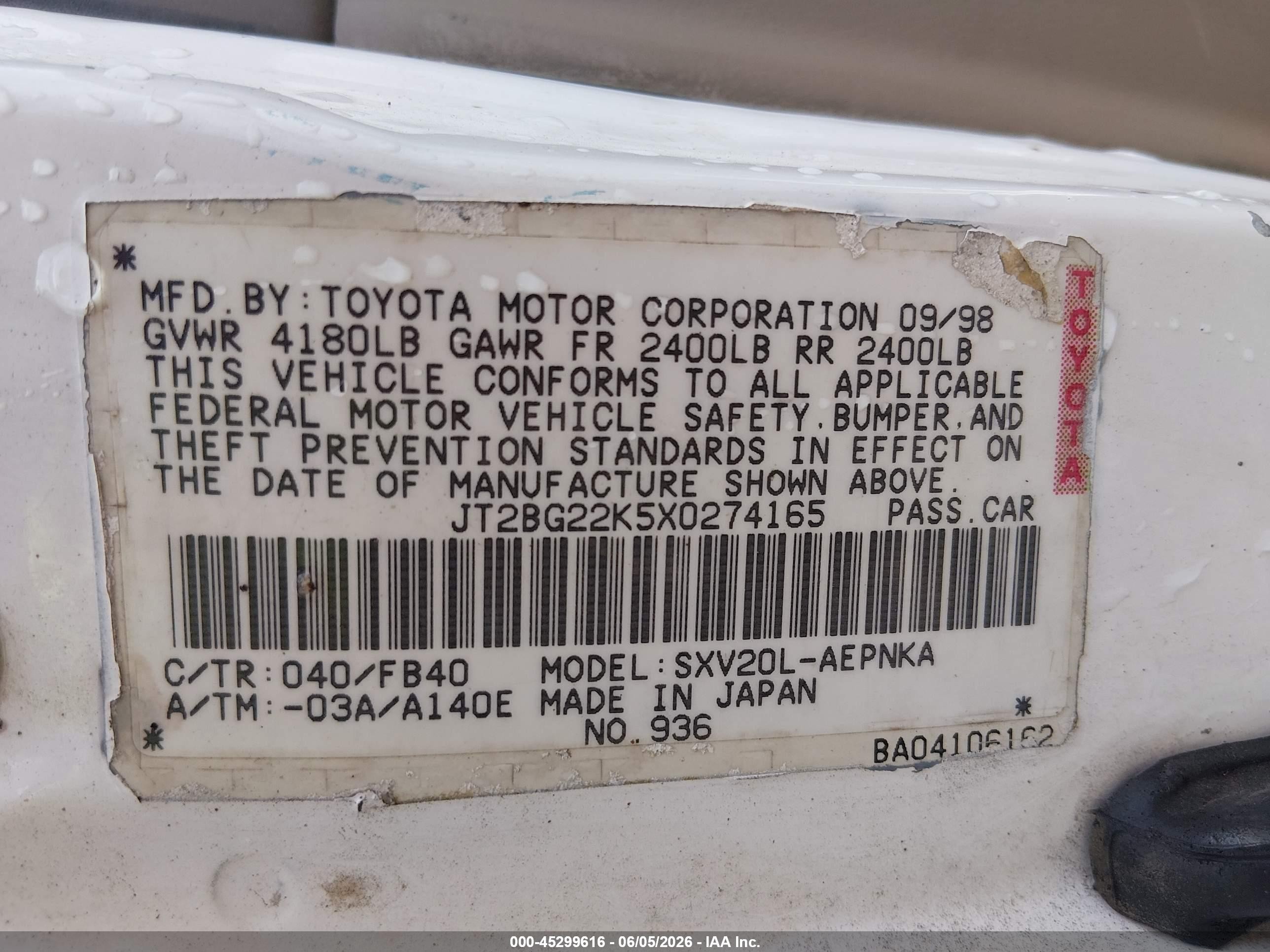 1999 Toyota Camry Le White vin: JT2BG22K5X0274165