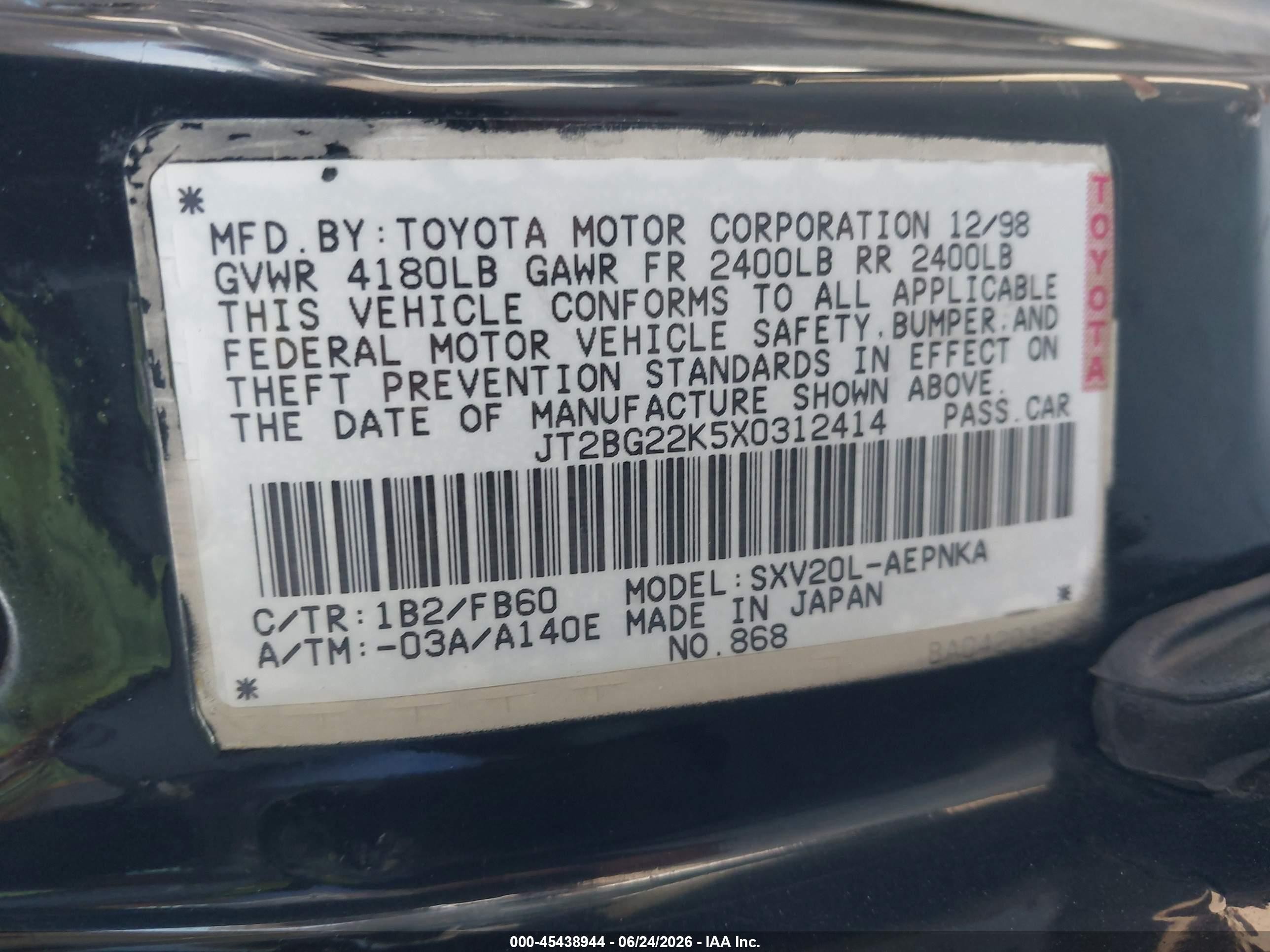 1999 Toyota Camry Le Black vin: JT2BG22K5X0312414
