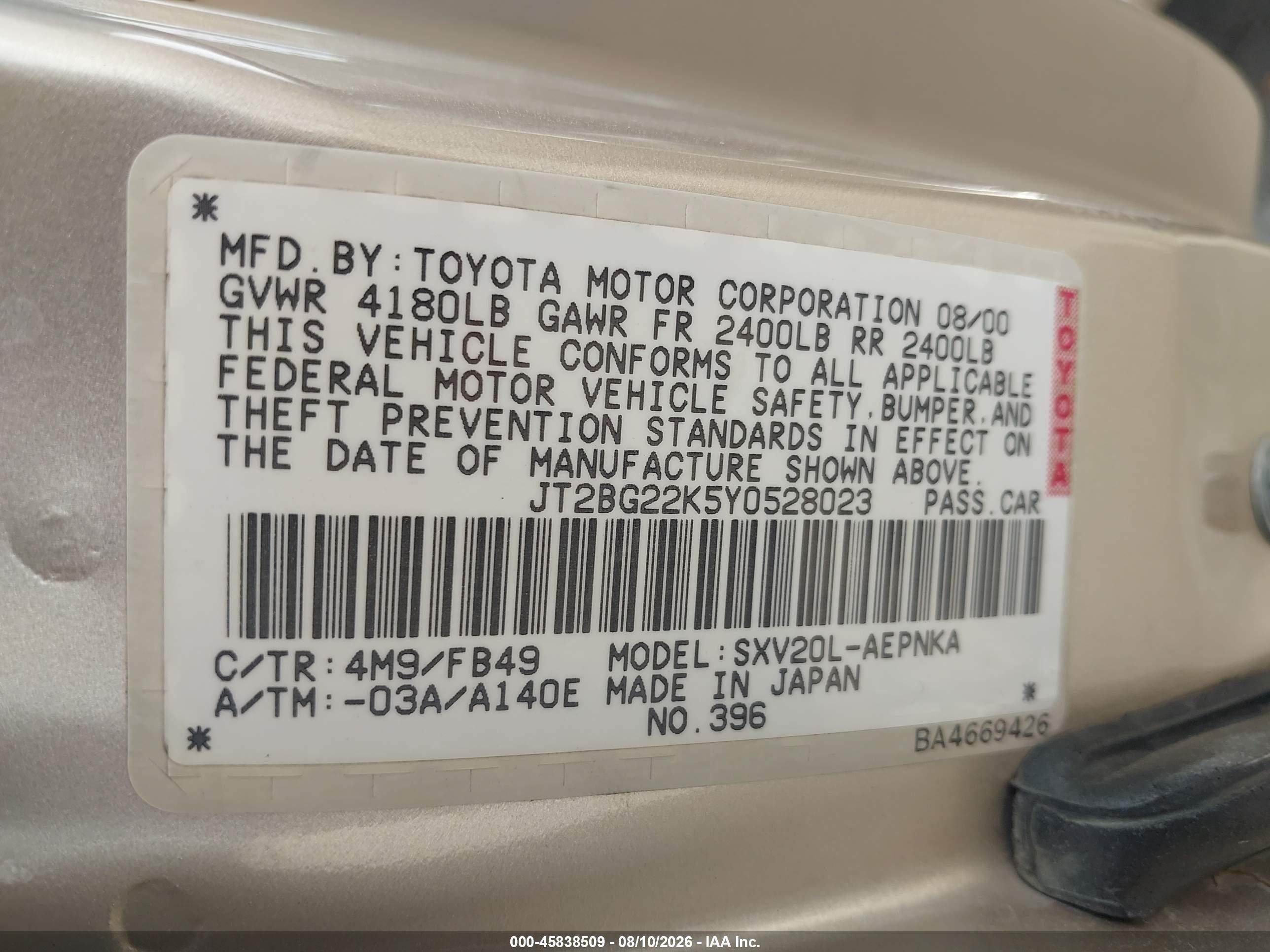 2000 Toyota Camry Le Gold vin: JT2BG22K5Y0528023