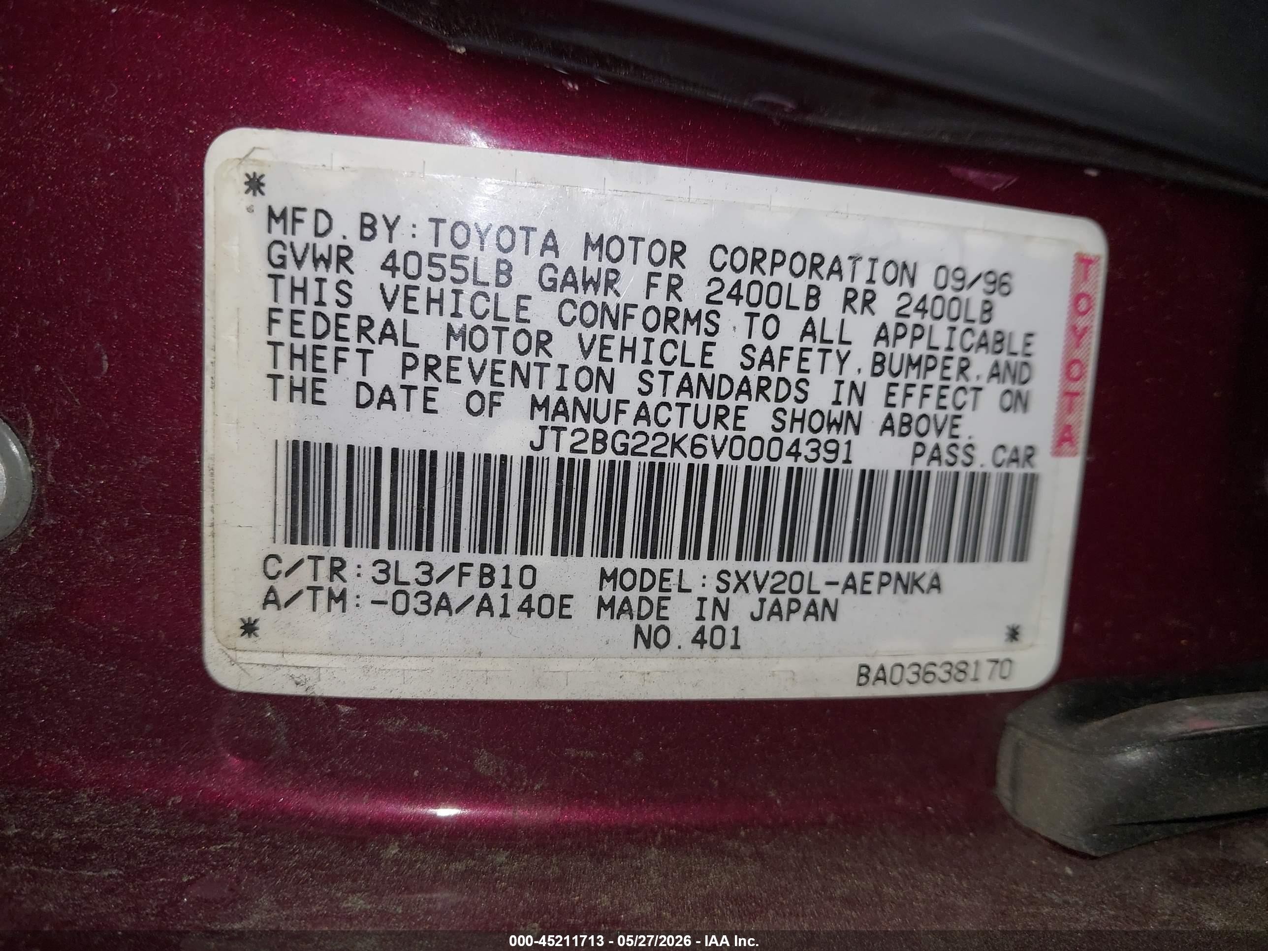 1997 Toyota Camry Le Burgundy vin: JT2BG22K6V0004391