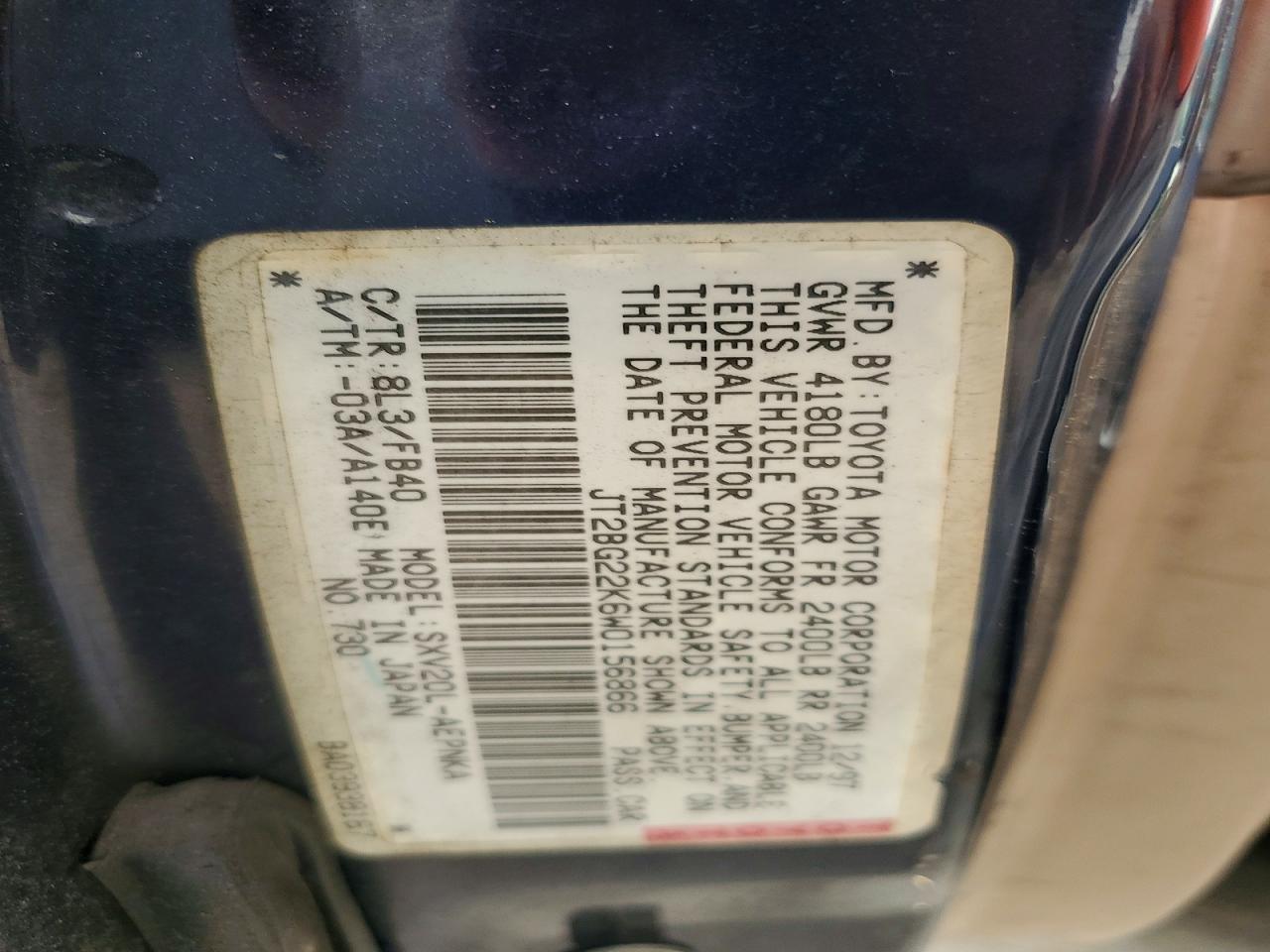 1998 Toyota Camry Le Blue vin: JT2BG22K6W0156866