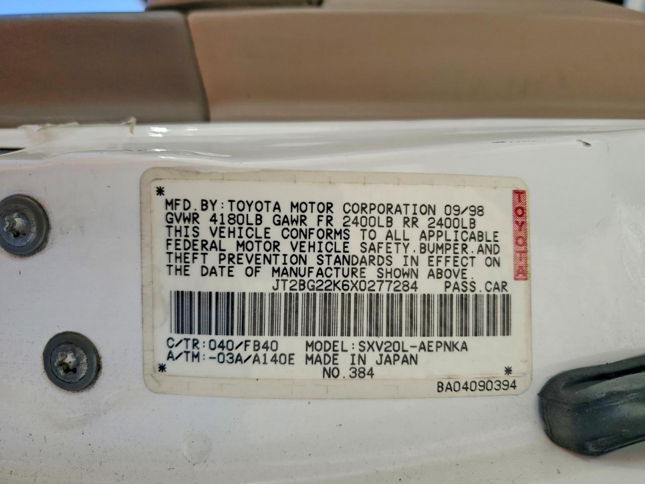 1999 Toyota Camry Le Белый vin: JT2BG22K6X0277284