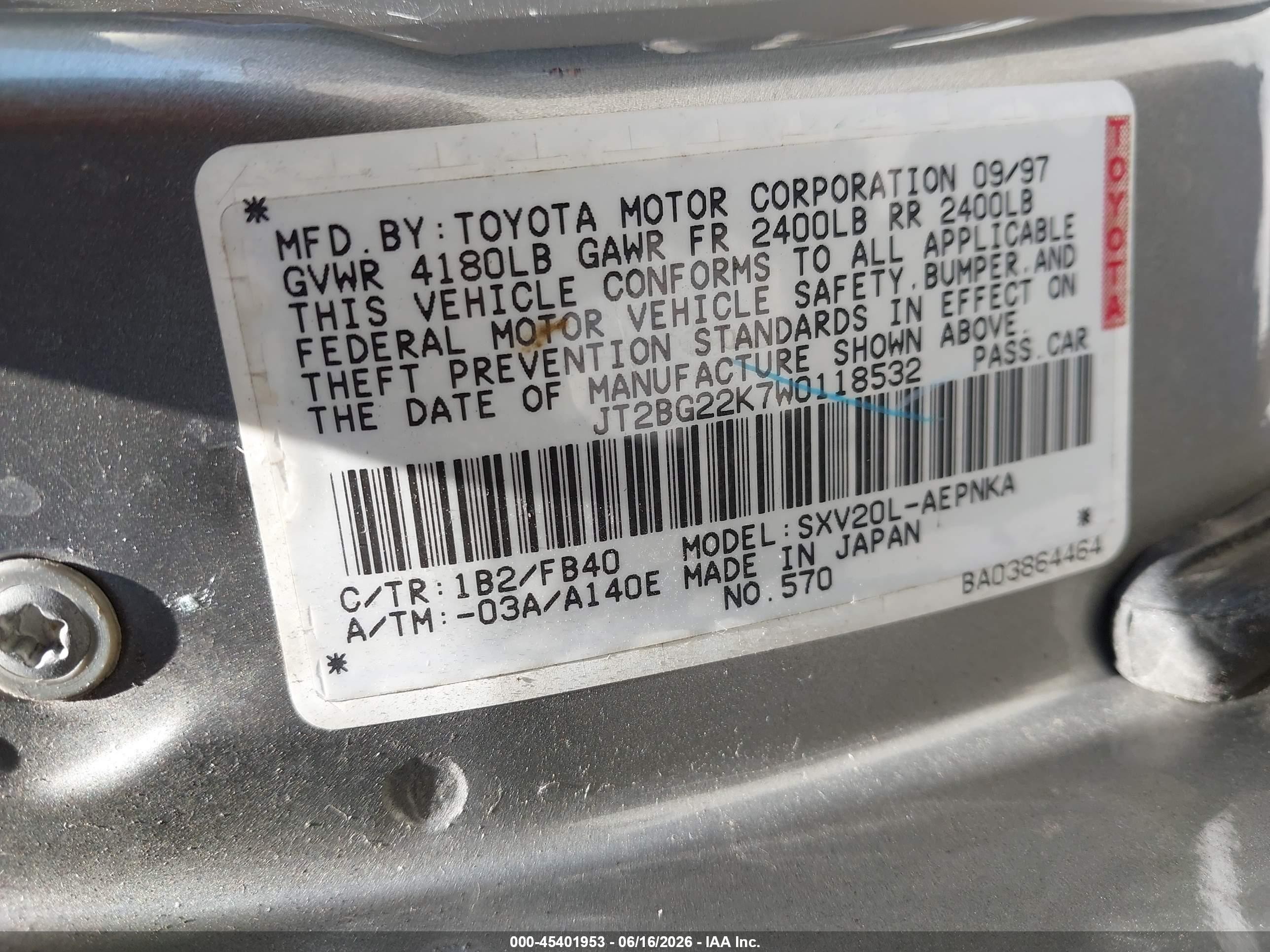 1998 Toyota Camry Le Gray vin: JT2BG22K7W0118532
