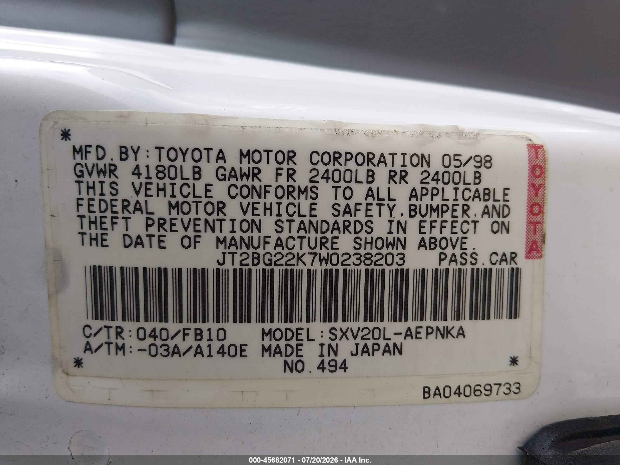 1998 Toyota Camry Le White vin: JT2BG22K7W0238203