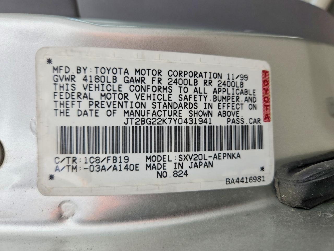 2000 Toyota Camry Le Silver vin: JT2BG22K7Y0431941
