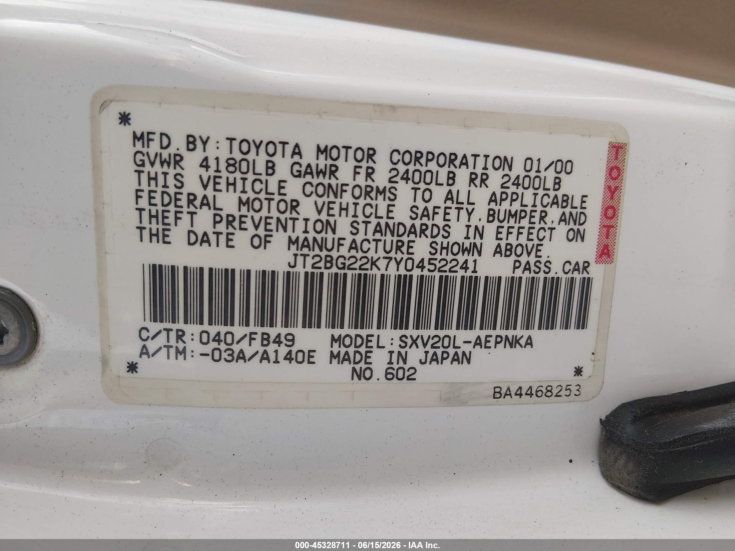 2000 Toyota Camry Le White vin: JT2BG22K7Y0452241