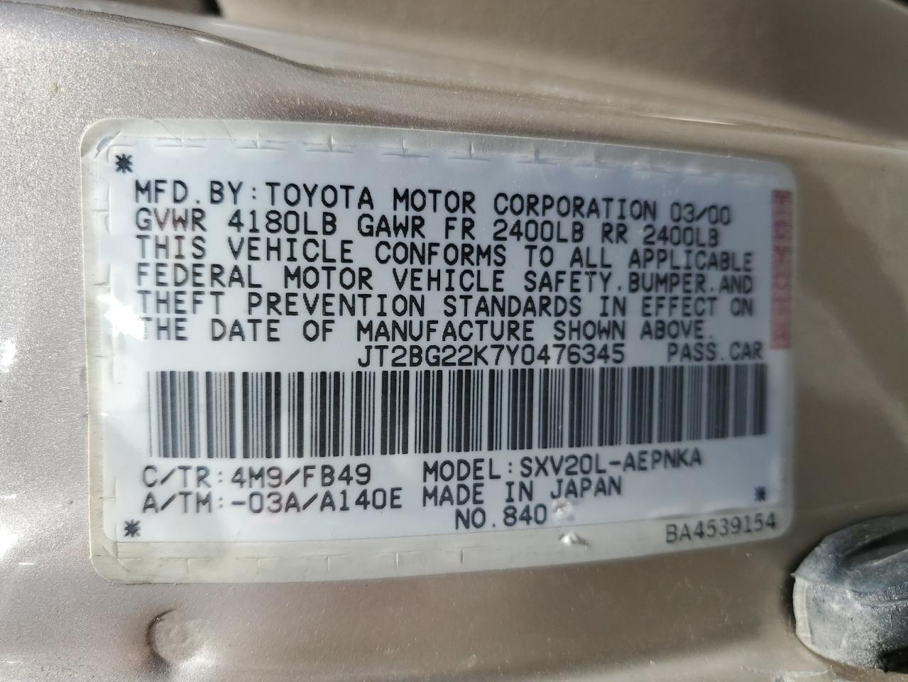 2000 Toyota Camry Le Gold vin: JT2BG22K7Y0476345