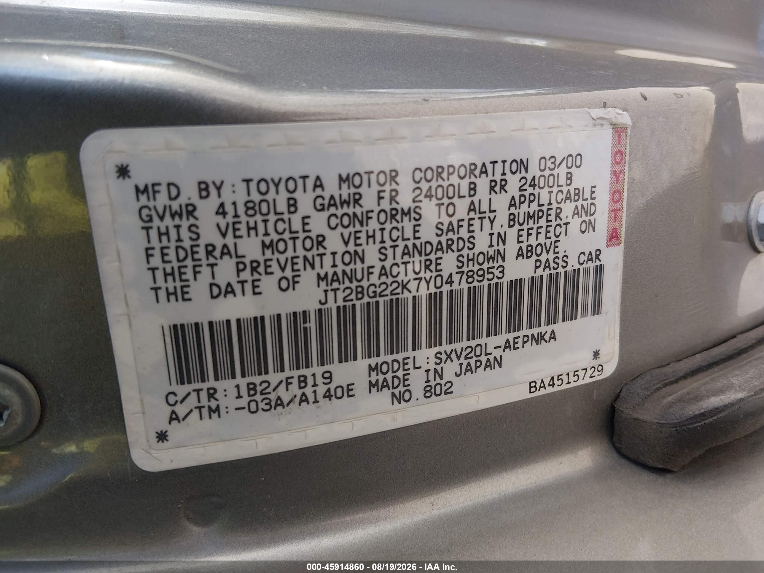 2000 Toyota Camry Le Pewter vin: JT2BG22K7Y0478953