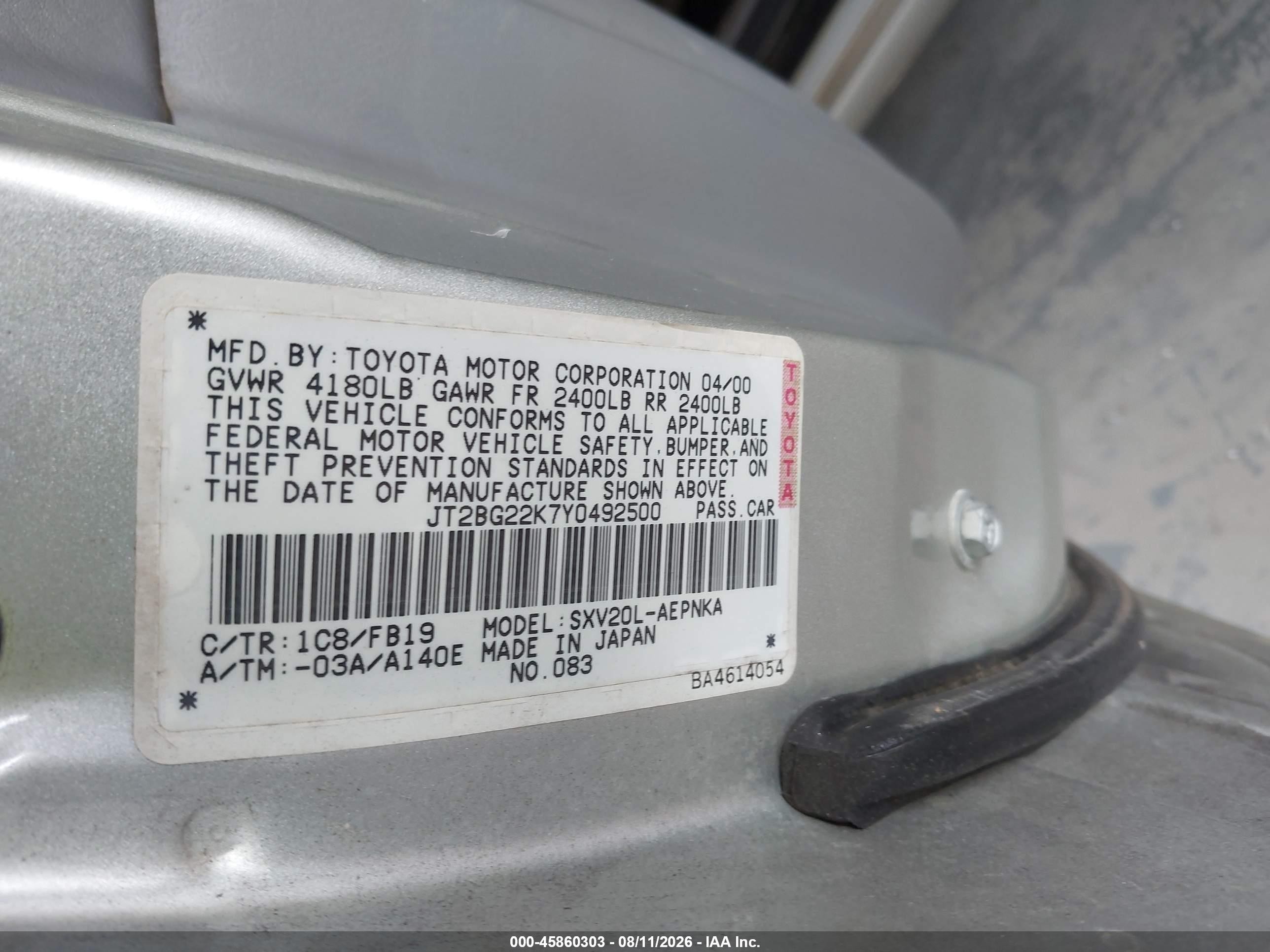 2000 Toyota Camry Le Silver vin: JT2BG22K7Y0492500