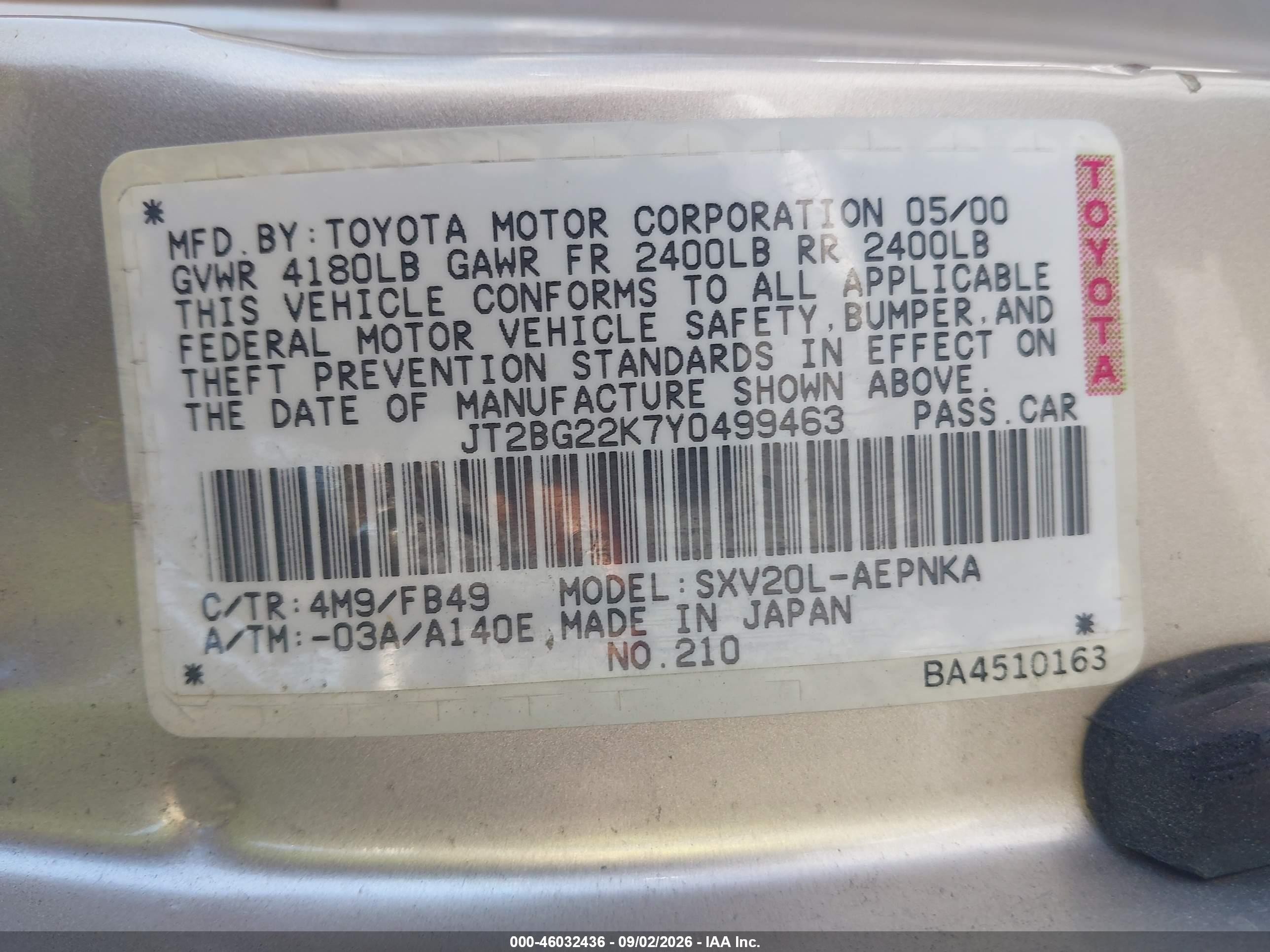 2000 Toyota Camry Le Champagne vin: JT2BG22K7Y0499463