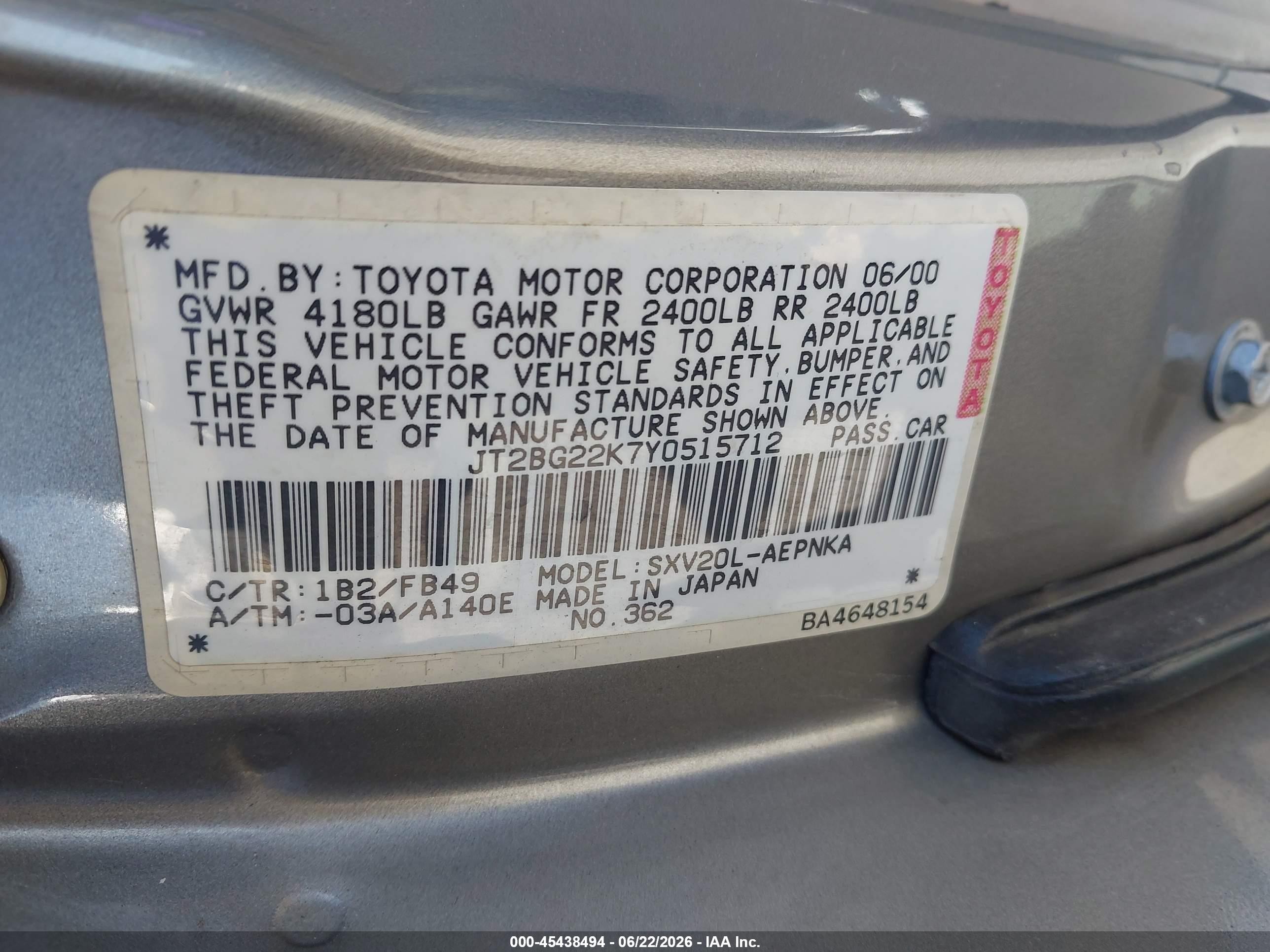 2000 Toyota Camry Le Серый vin: JT2BG22K7Y0515712