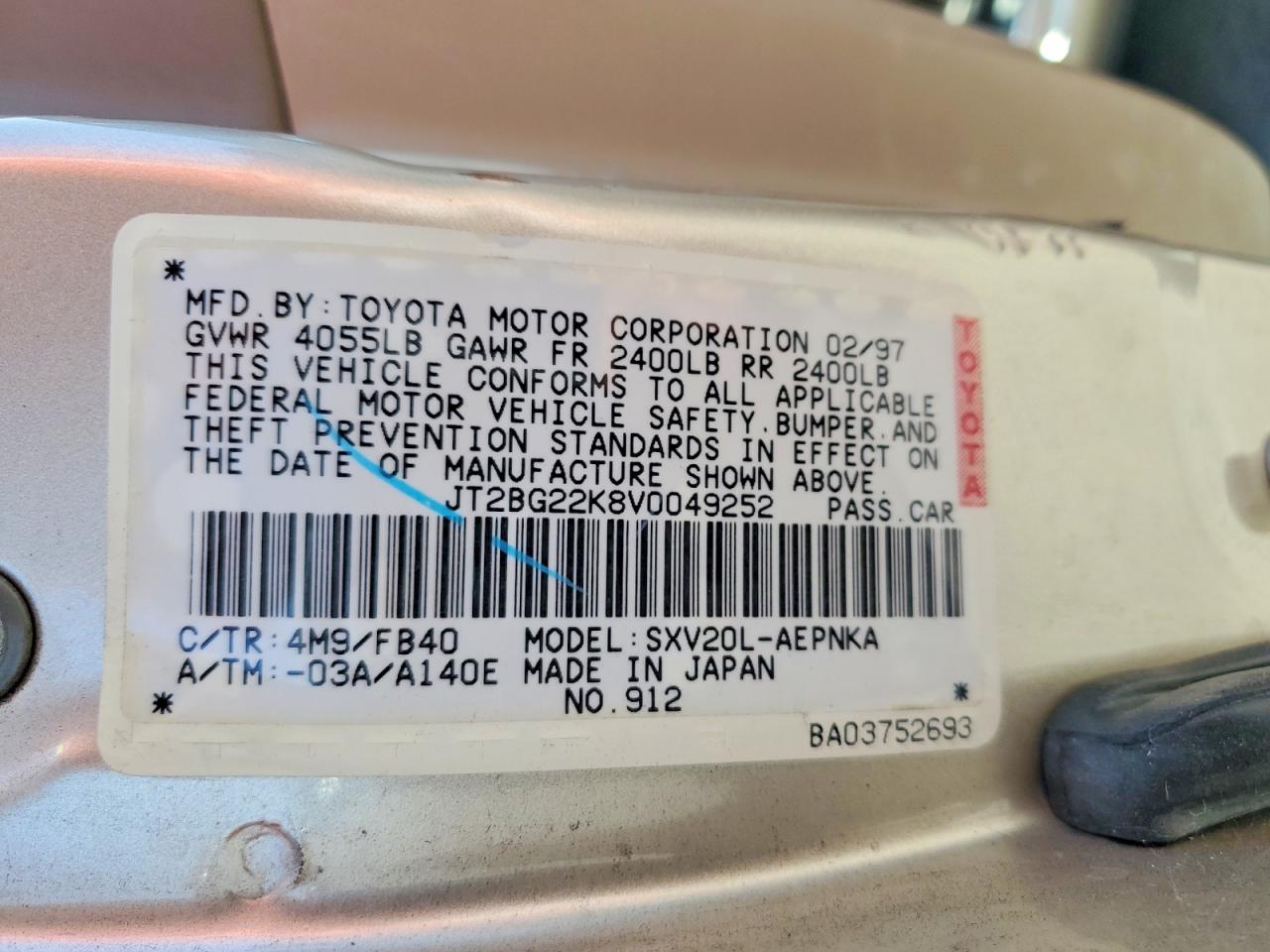 1997 Toyota Camry Le Beige vin: JT2BG22K8V0049252