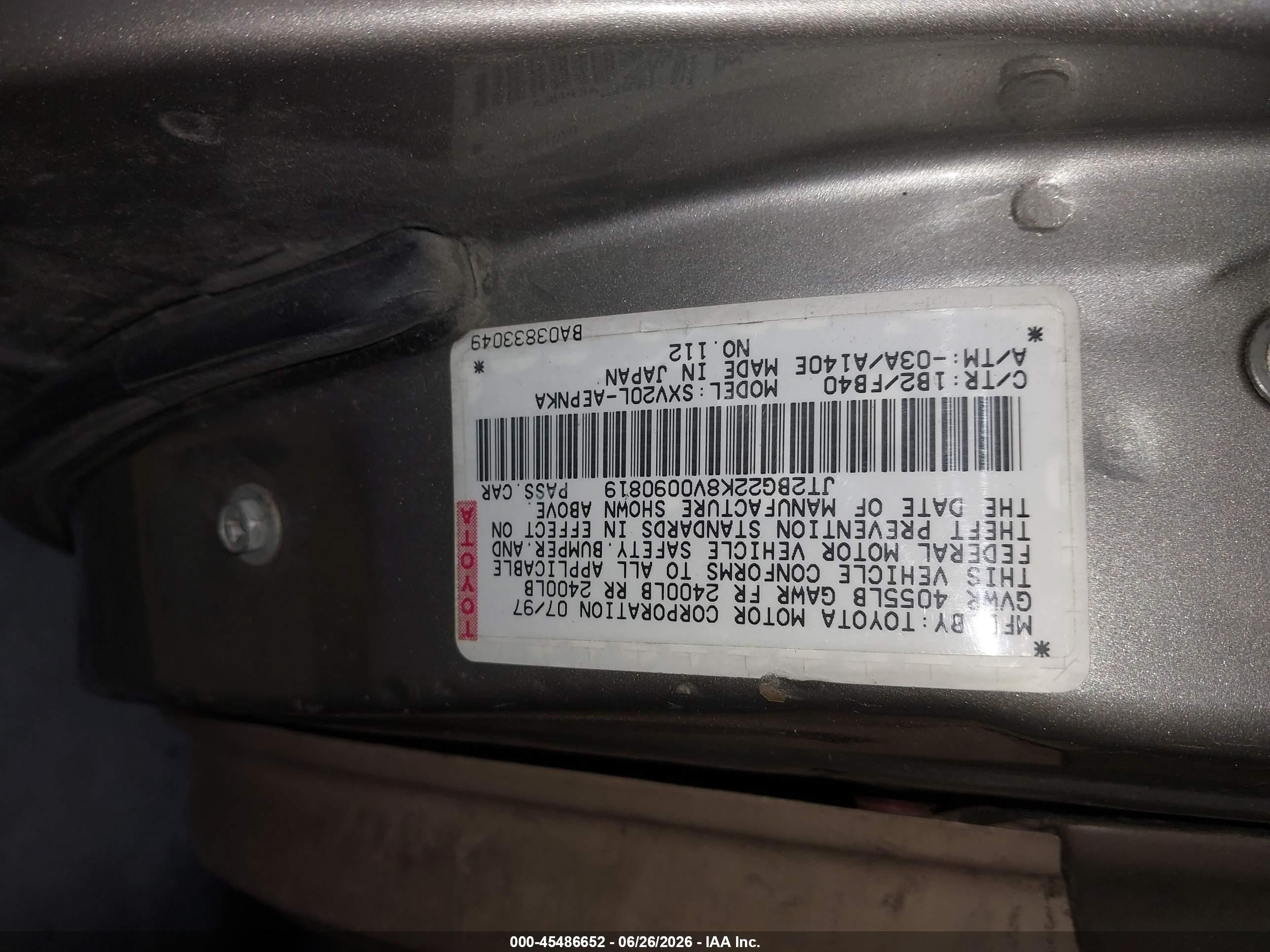 1997 Toyota Camry Le Beige vin: JT2BG22K8V0090819