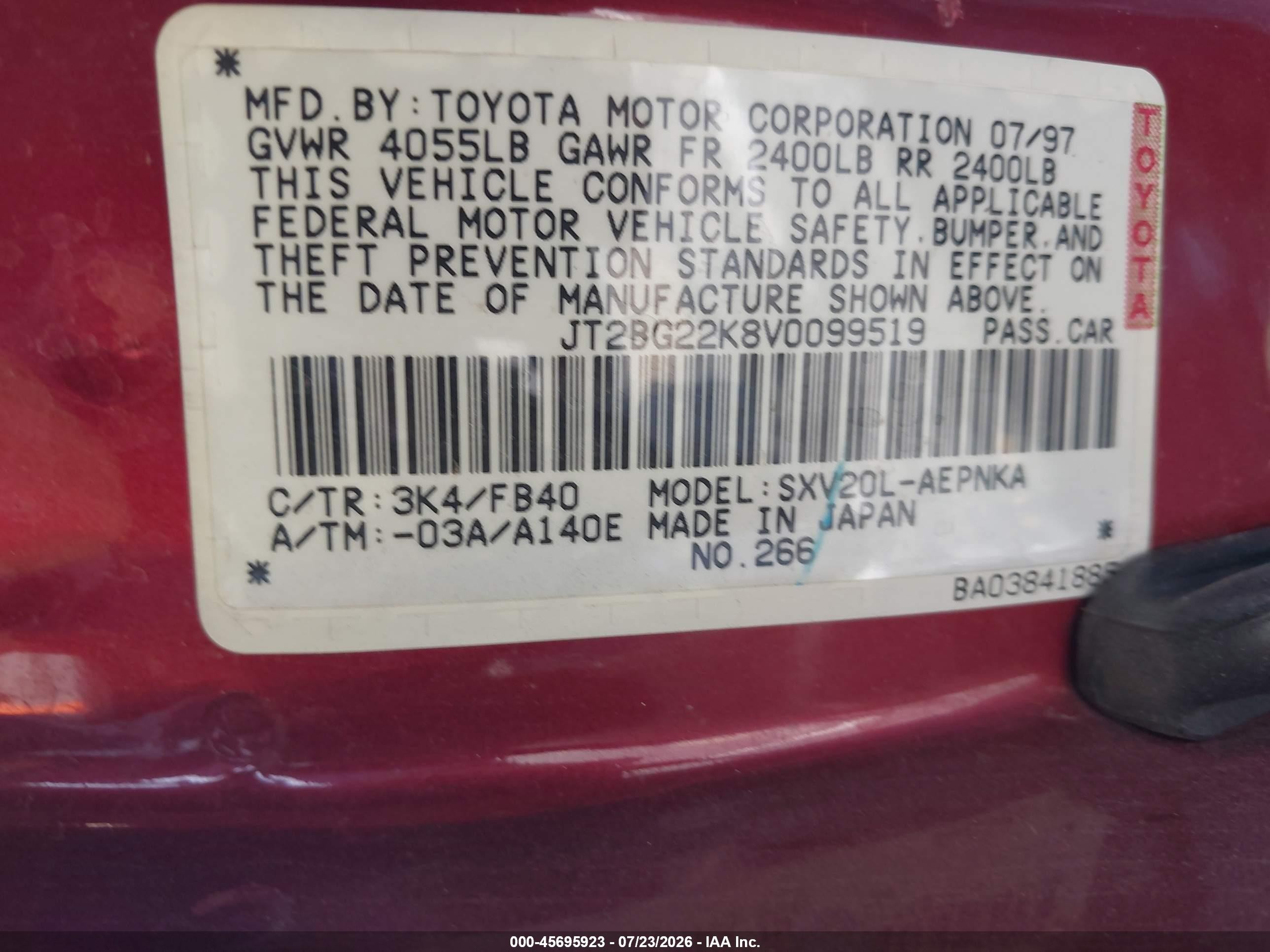 1997 Toyota Camry Le Красный vin: JT2BG22K8V0099519