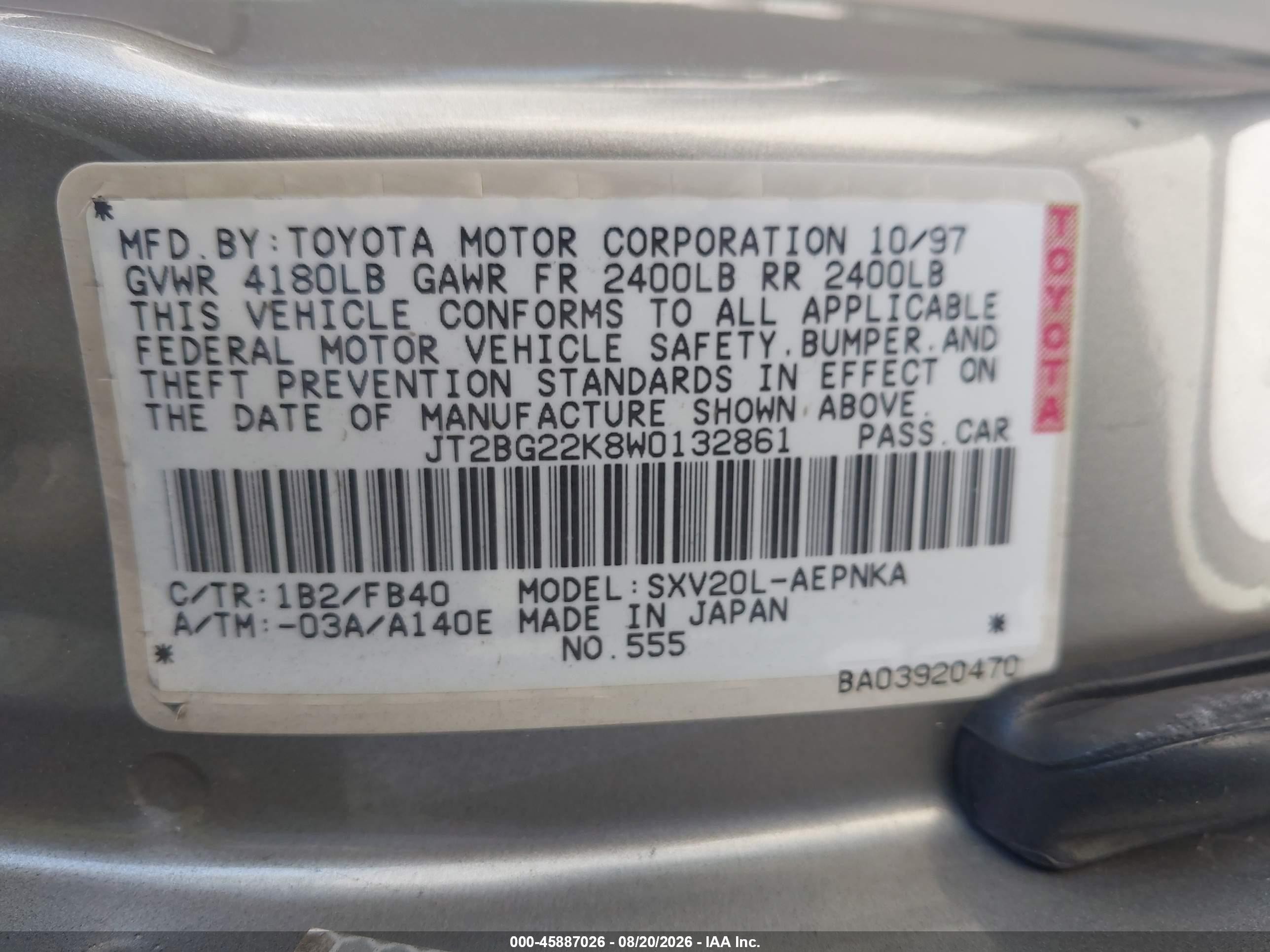 1998 Toyota Camry Le Gray vin: JT2BG22K8W0132861