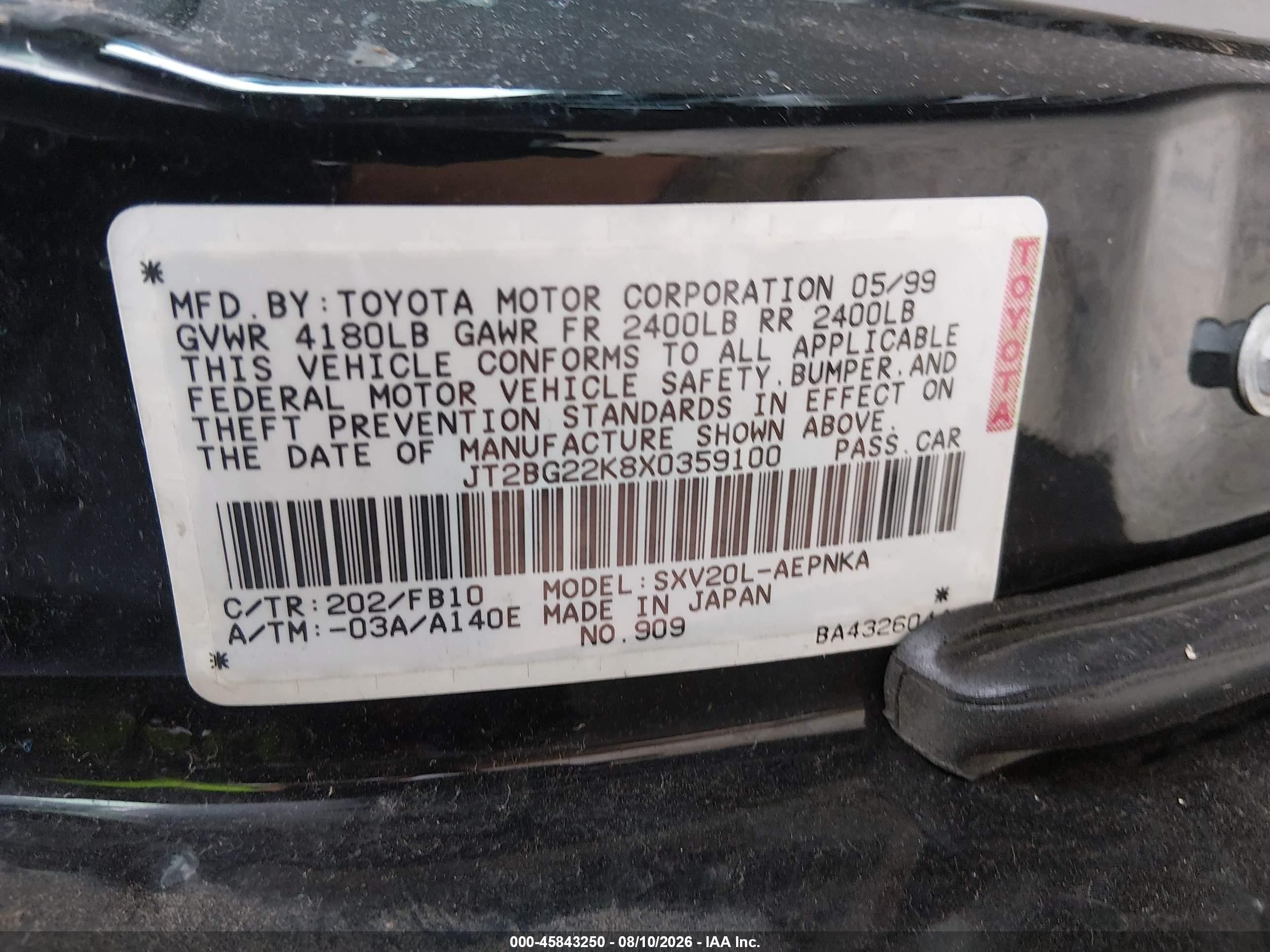 1999 Toyota Camry Le Black vin: JT2BG22K8X0359100