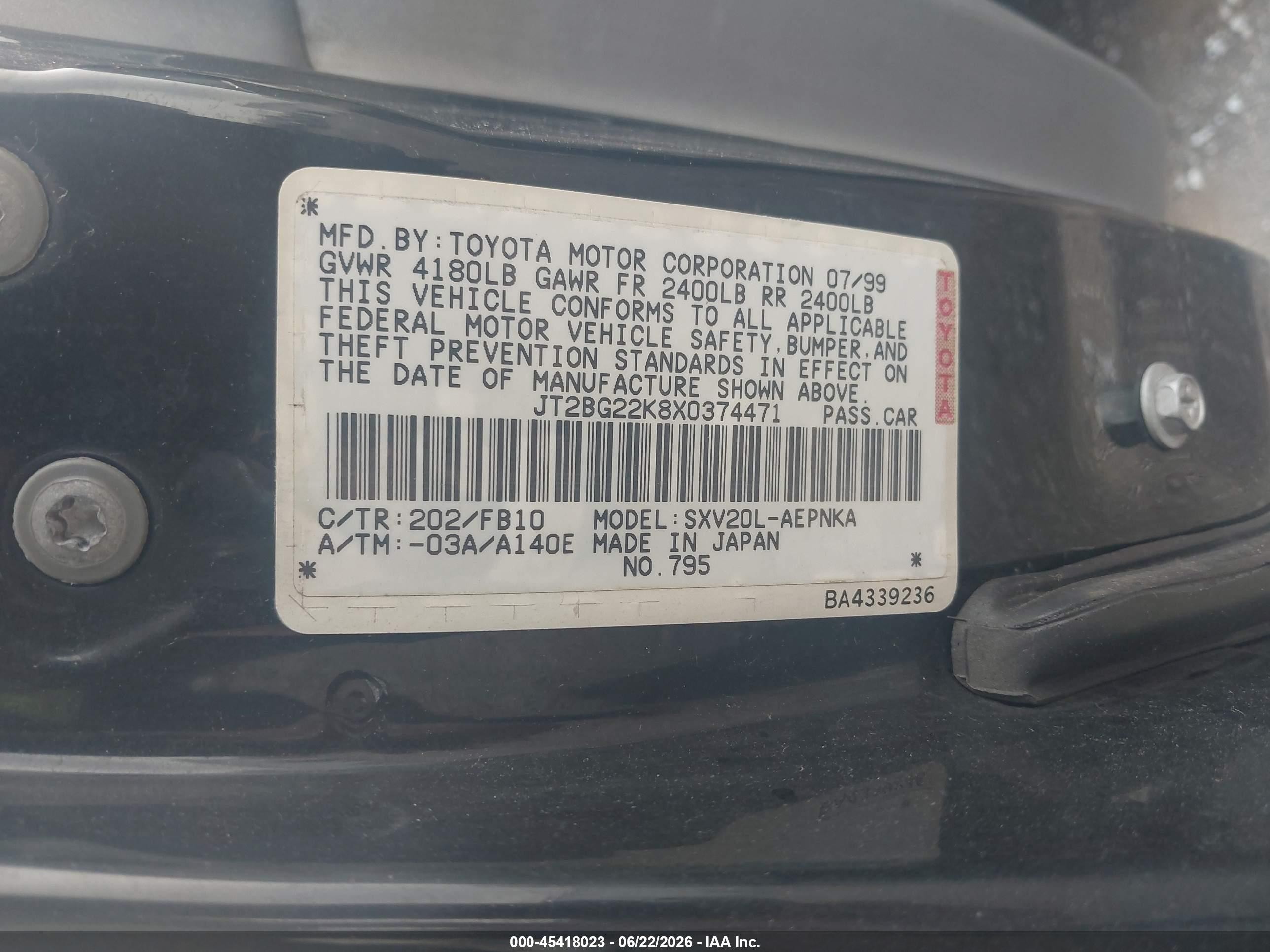 1999 Toyota Camry Le Black vin: JT2BG22K8X0374471