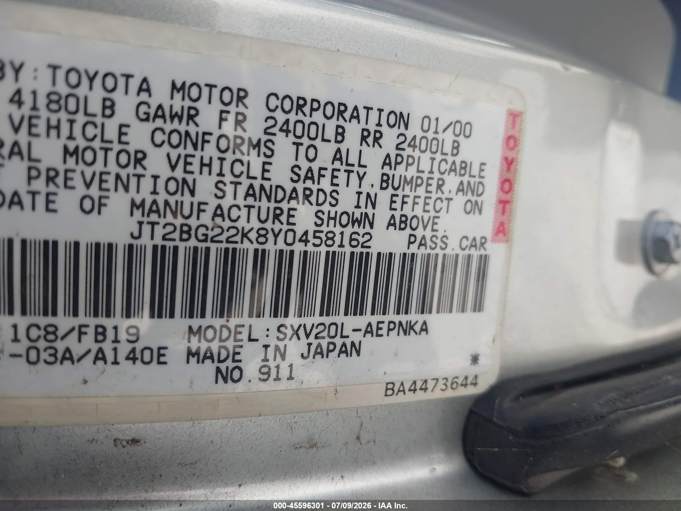 2000 Toyota Camry Le Gray vin: JT2BG22K8Y0458162