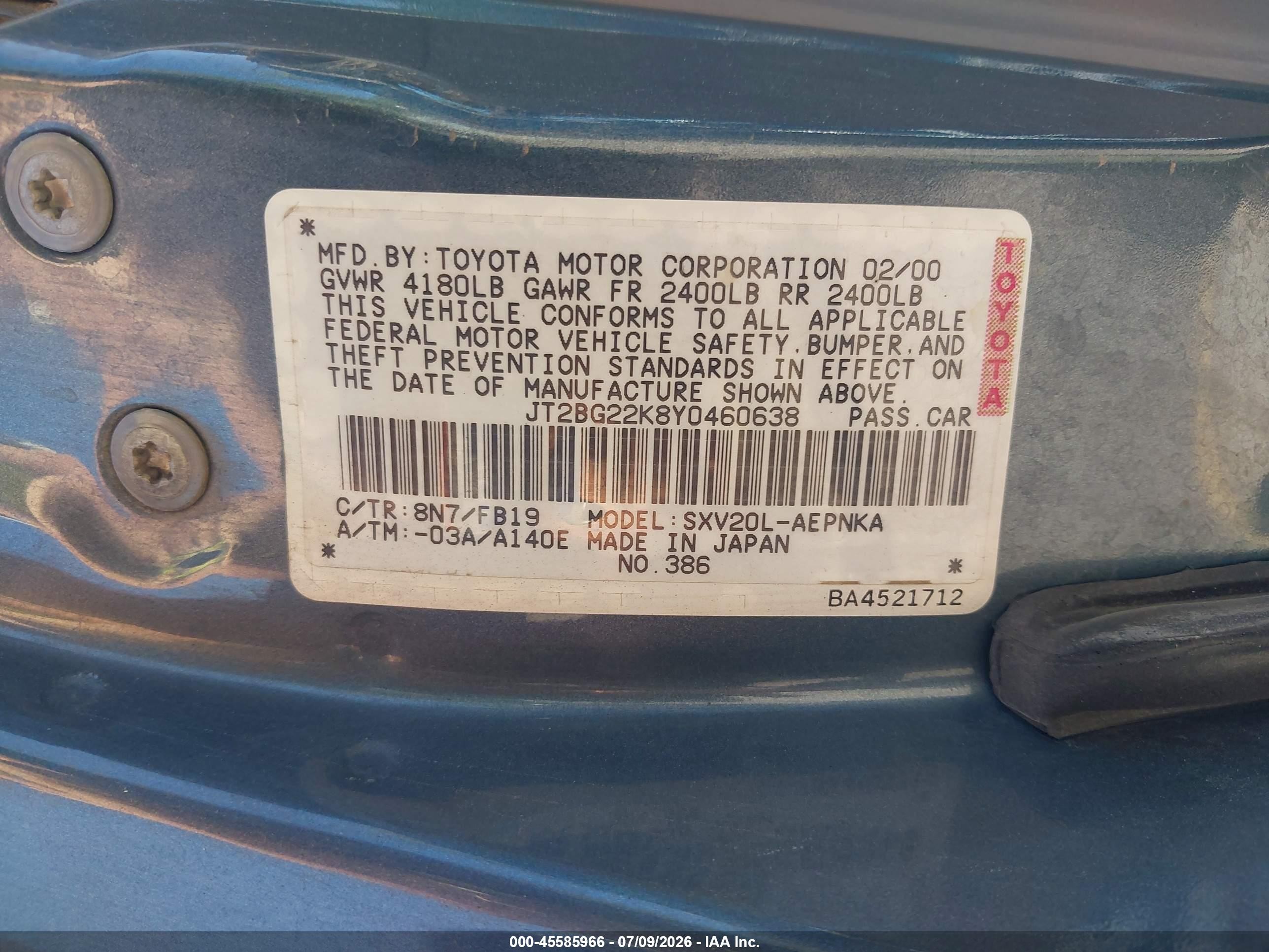 2000 Toyota Camry Le Blue vin: JT2BG22K8Y0460638
