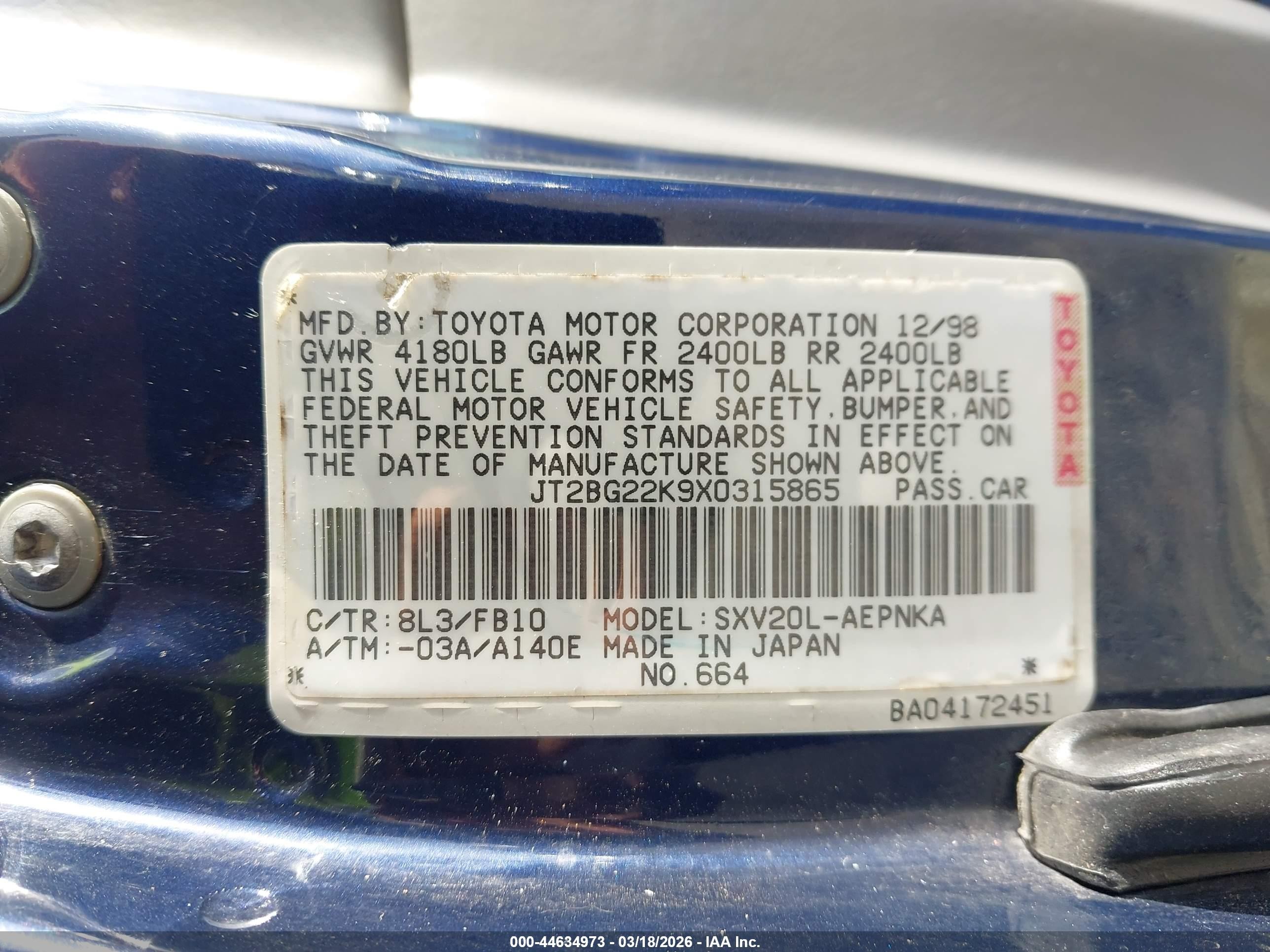 1999 Toyota Camry Le Blue vin: JT2BG22K9X0315865