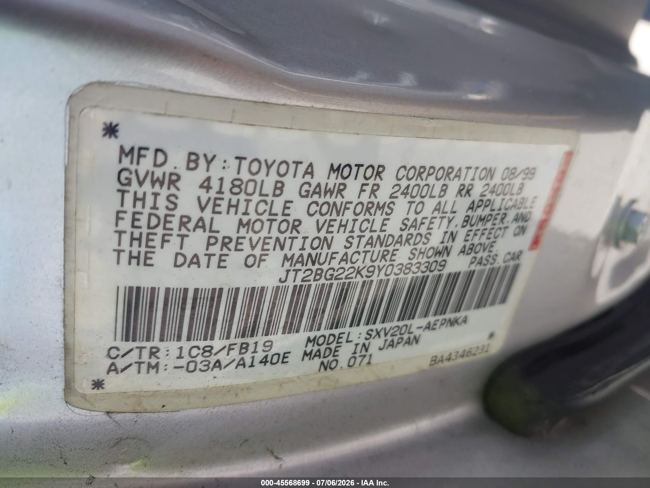 2000 Toyota Camry Le Silver vin: JT2BG22K9Y0383309