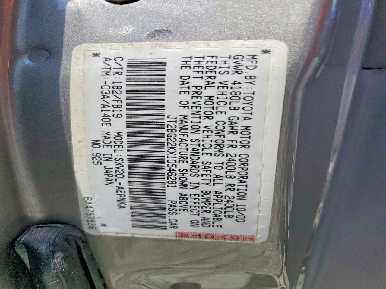 2001 Toyota Camry Le Серый vin: JT2BG22KX10546281