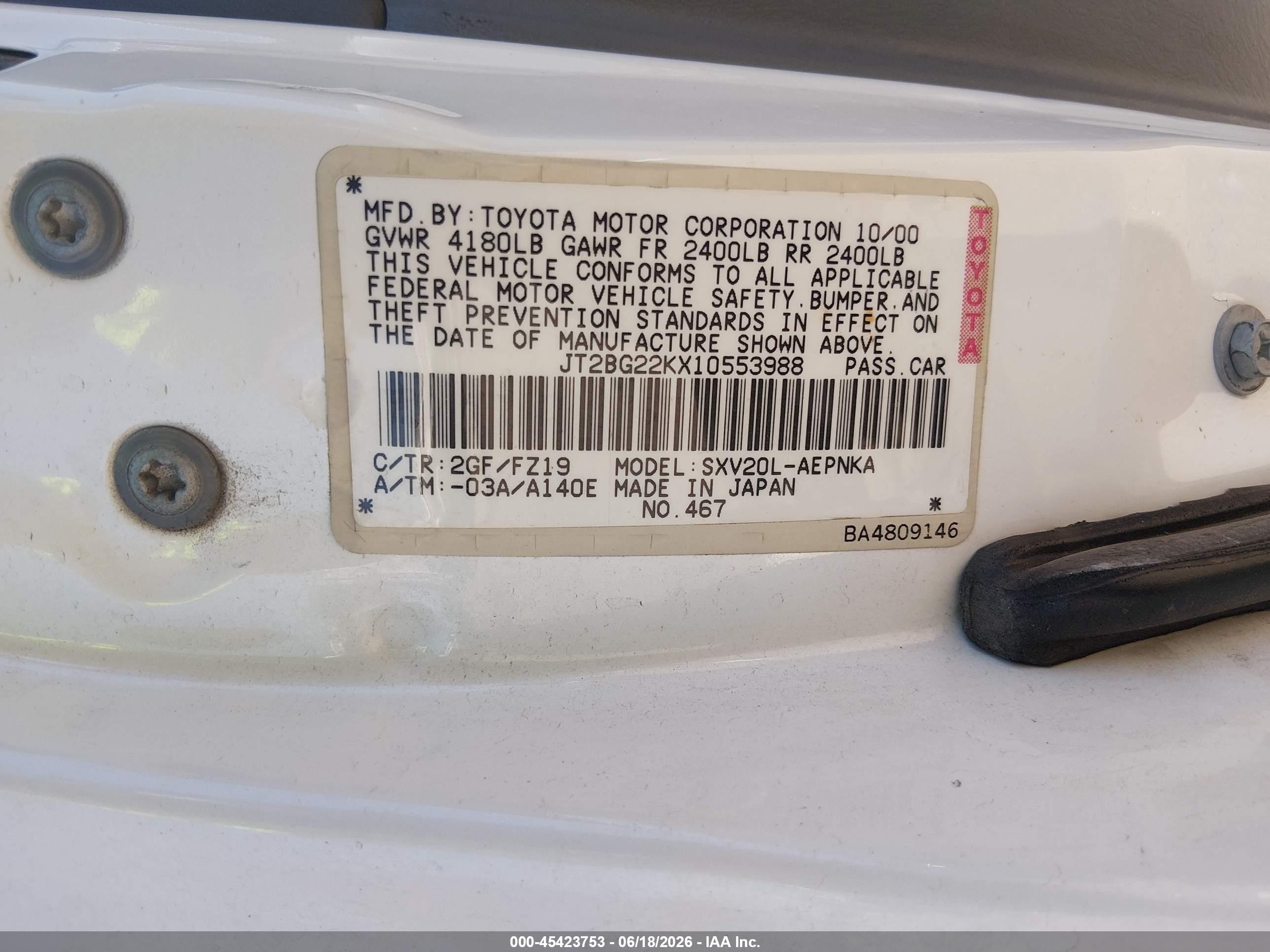 2001 Toyota Camry Le White vin: JT2BG22KX10553988