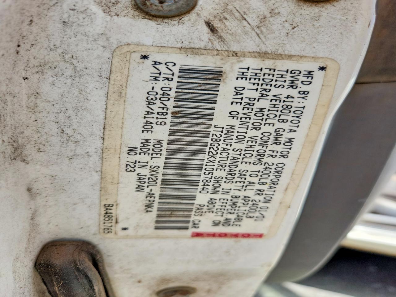 2001 Toyota Camry Ce White vin: JT2BG22KX10578440