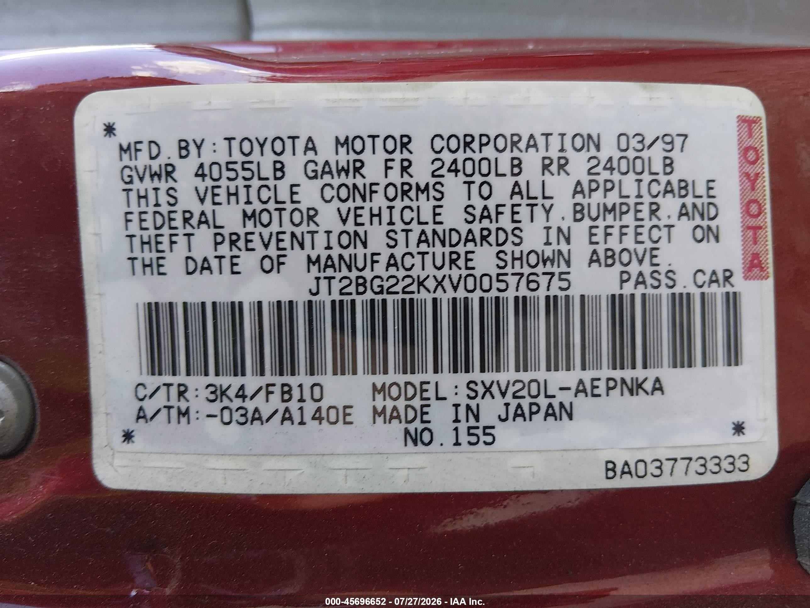 1997 Toyota Camry Le Maroon vin: JT2BG22KXV0057675