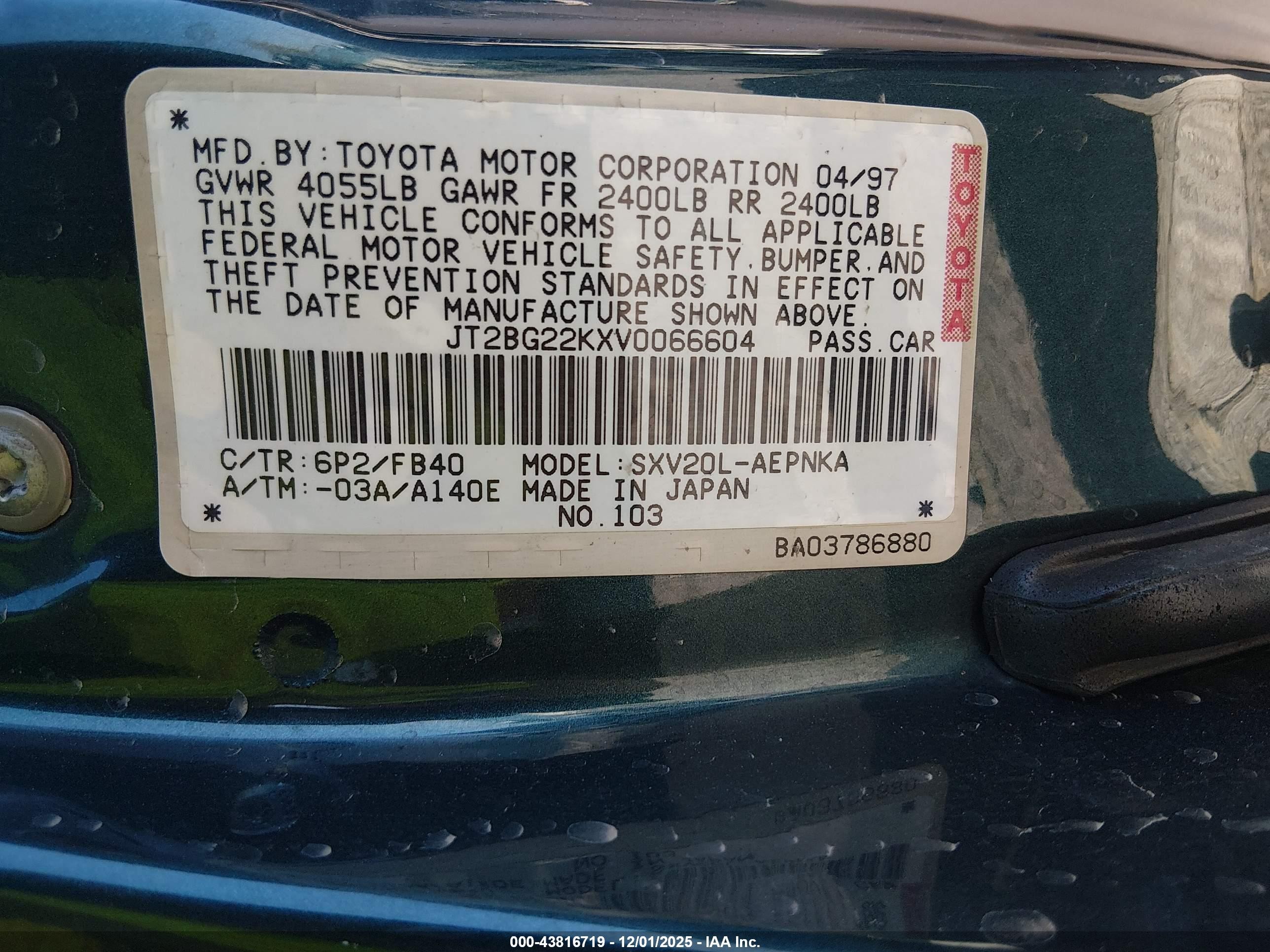 1997 Toyota Camry Le Green vin: JT2BG22KXV0066604