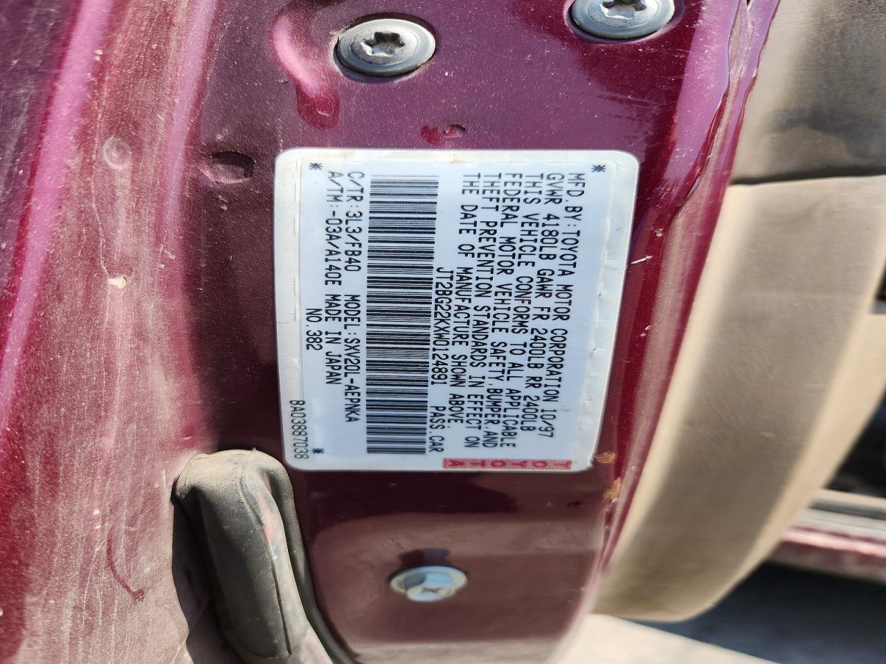 1998 Toyota Camry Le Burgundy vin: JT2BG22KXW0124891