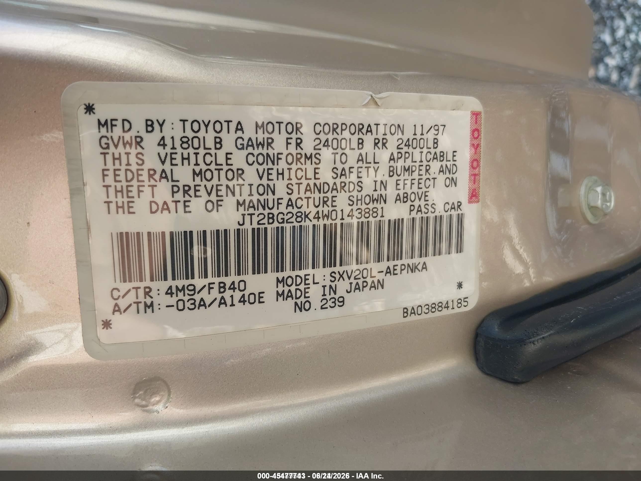 1998 Toyota Camry Le Silver vin: JT2BG28K4W0143881