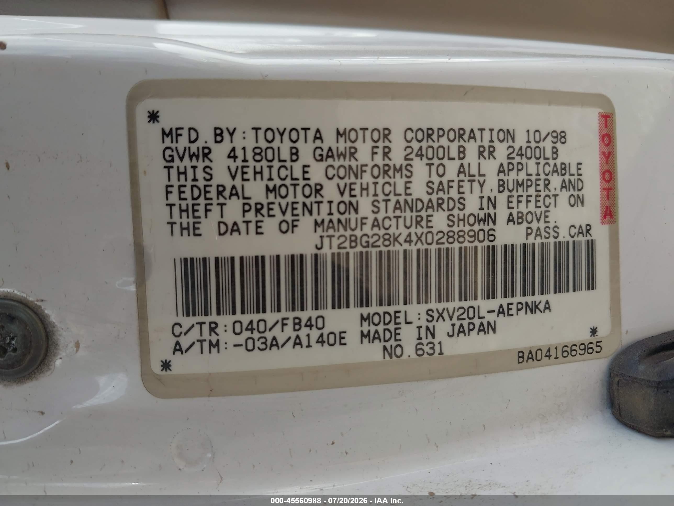 1999 Toyota Camry Le White vin: JT2BG28K4X0288906