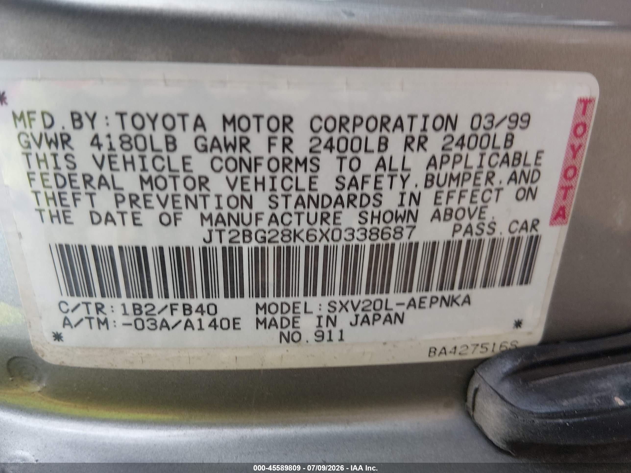 1999 Toyota Camry Le Silver vin: JT2BG28K6X0338687